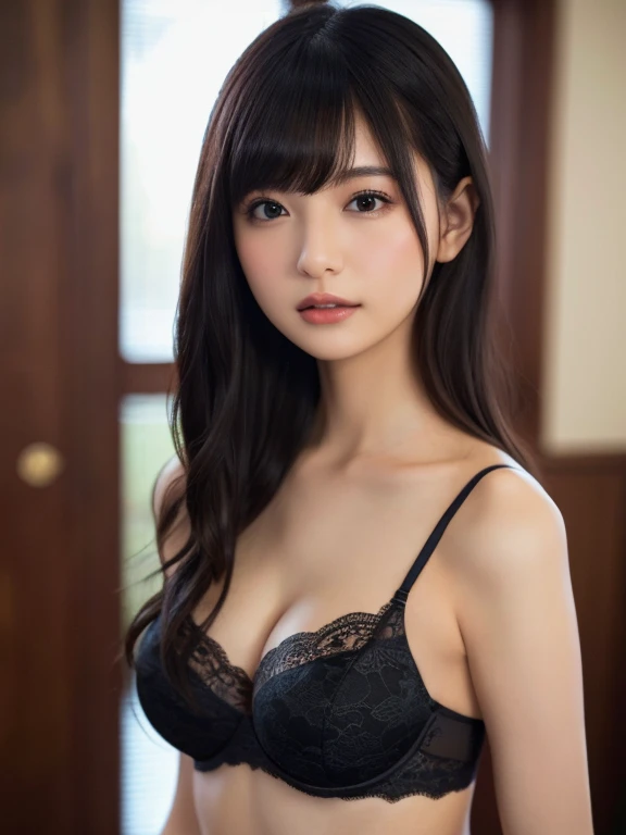 （Best Quality,4K,hight resolution,masutepiece:1.2)，NSFW、best、An ultra-high picture quality、(realisitic、Photorealsitic)、Instagram(Photorealsitic、hight resolution：1.4)、Japan Beautiful Girl:1.4)、(tiny chest，A slender、Constriction waist)、Medium hair、On the bet、glowy skin、Head、Fancy Black Lace Lingerie、sexypose、独奏、Medium bob、Dark hair、