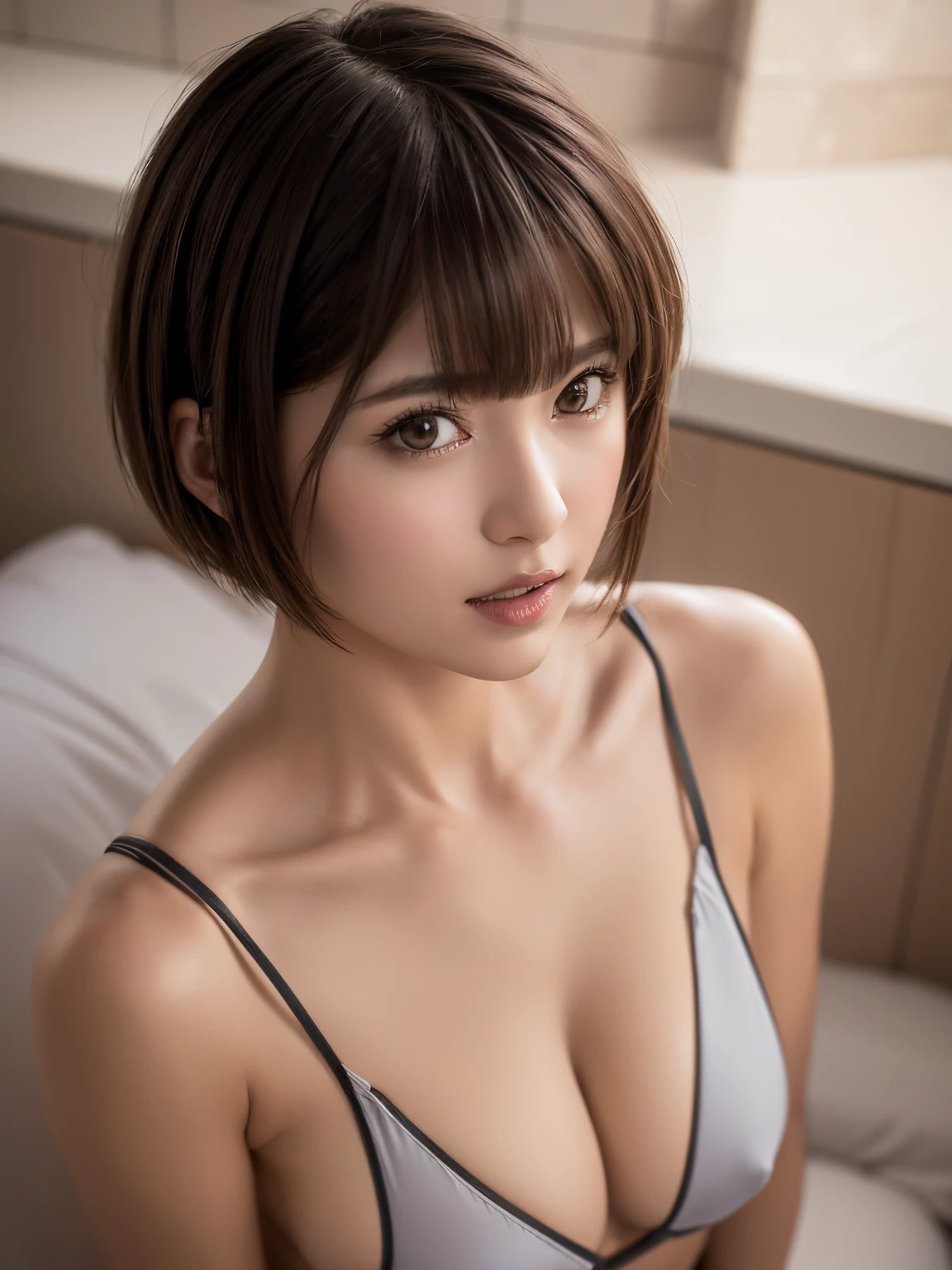zydG, 1girl, detailed skin, looking at viewer, brown eyes, (short hair with bangs:1.2), (medium breasts:1.0), (medium areolae:0.8),
(photorealistic:1.4), (best quality:1.0), (ultra highres:1.0), 8k, RAW photo, (masterpiece:0.2), (pureerosface_v1:0.5)