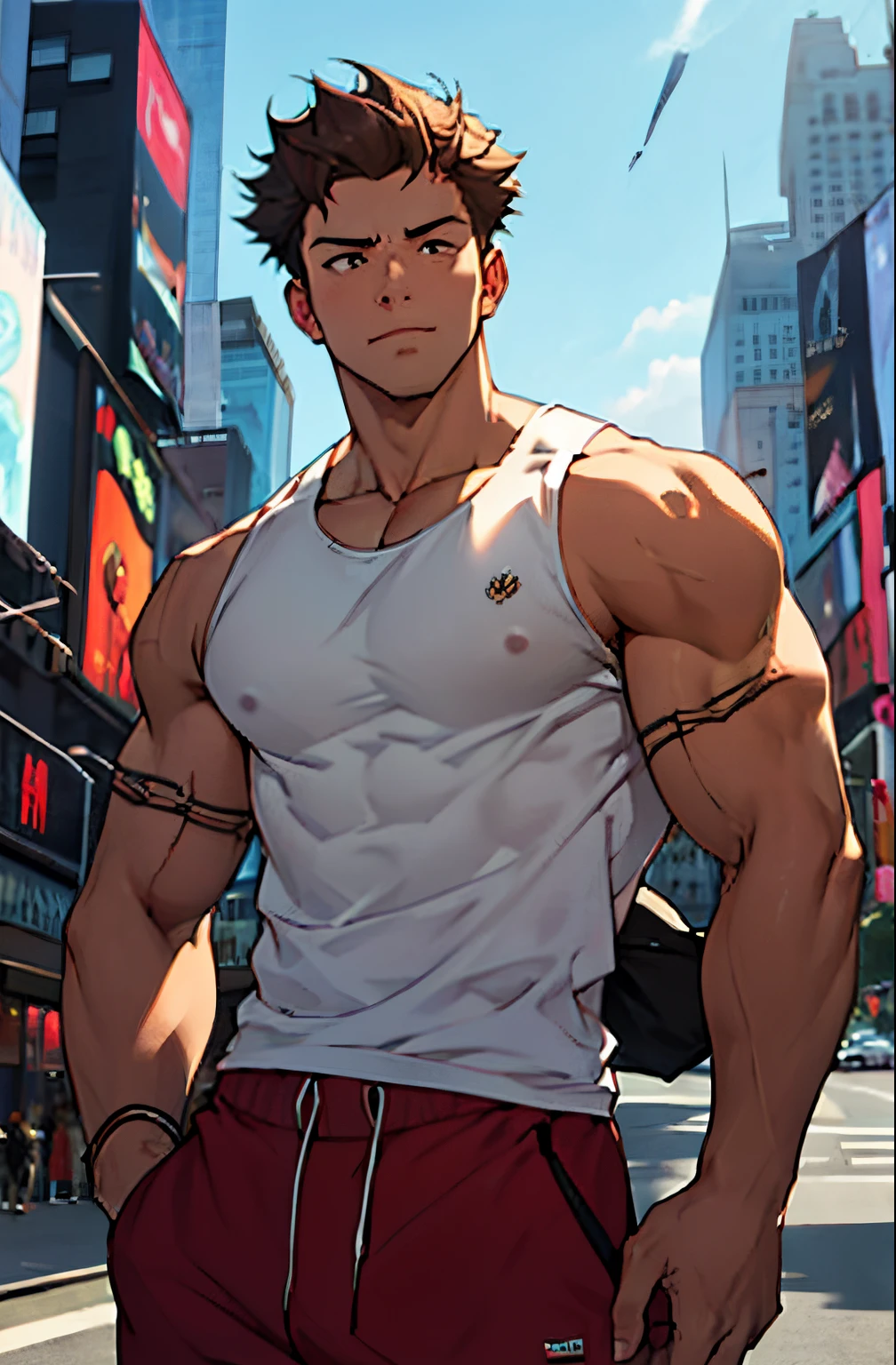 A mais alta qualidade, 8K, image high resolution, Detailed strokes, no meio de uma avenida movimentada estilo Times Square, inverno, apoiado em um dos postes, adolecente, lion men, wearing a tank top , masculo, chest a little tight in the shirt , (angulo de baixo), pernas definidas, defined arms, abdomen definido, com a camisa,