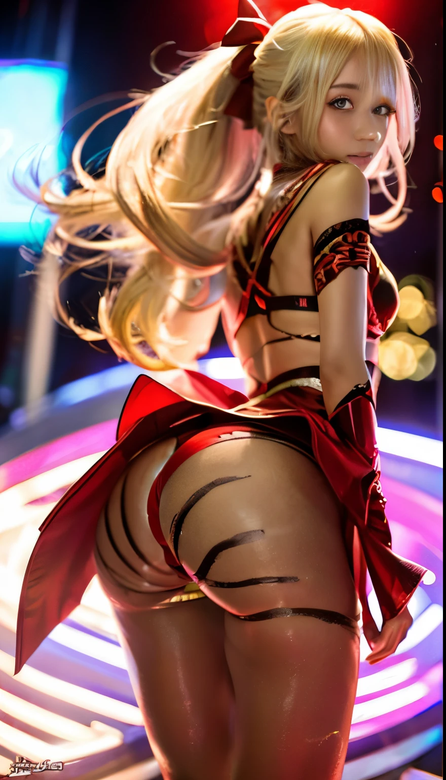 Masterpieces of the highest quality,Insanely detailed.Hyper realistic, back shot, show off panties, wind, skirt lift, ((red skin:1.4)), make up, ((serafuku)),,1girl in, Solo, Japanese, (Blonde hair), Middle hair, Straight hair, Smile,