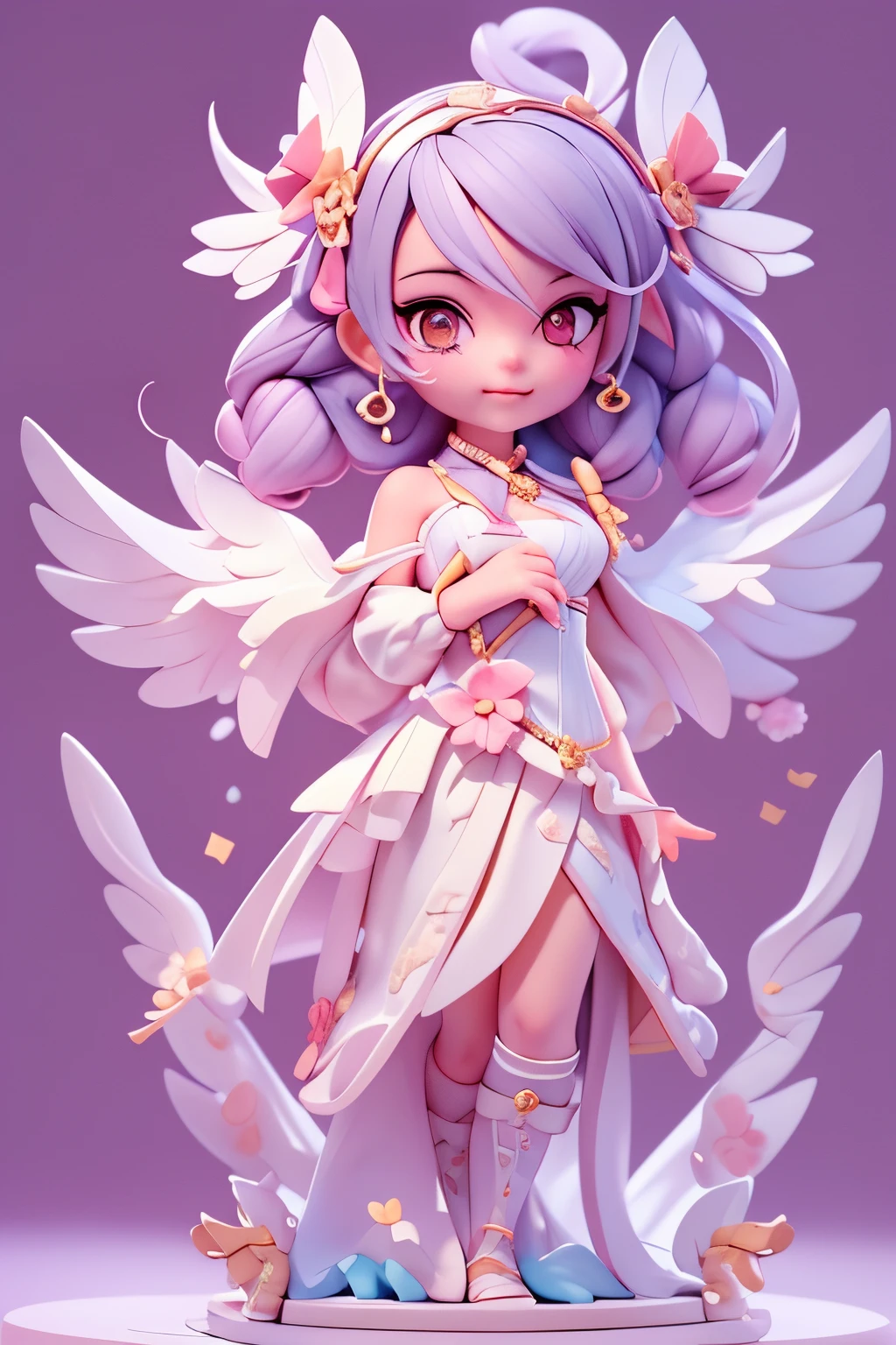(Blind box toy style, Western cartoon Q version), 1 beautiful female succubus head, white dress, wings, smiling), cute full body portrait, slender figure standing, cartoon character, medieval, 3D rendering, symatic lighting, ray tracing, snow globe