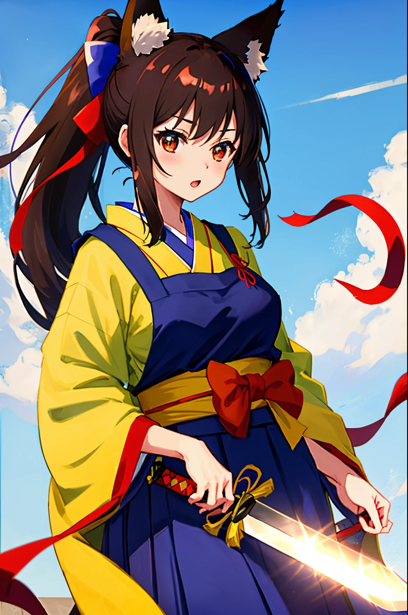 Anime girl in blue hakama and yellow apron, A large blue ribbon is attached to the waist..,fox ear、long brown ponytail hair、Red ribbon in hair,Onmyoji,I have a sword
