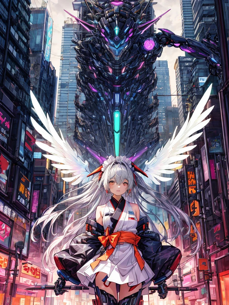 top-quality、ighly detailed、​masterpiece、ultra-detailliert、illustratio、((1girl in))、silber hair、length hair、Floating hair、、Cyber City、Neon building、(The upper part of the body:1.05)、extremely_Detailed_Eyes_And_Face,cybernetic wings mechanical wings、Random posture、Skyscraper、、Mechumusume、shrine maiden clothe,maid clothes、Random angles、anime styled,cowboy  shot