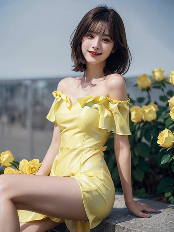 (she was wearing a long yellow party dress、yellow roses were blooming..。 ,Off-shoulder_Dress,:1.3),(side slits:1.1)masutepiece, Best Quality, Illustration, Ultra-detailed, finely detail, hight resolution, 8K Wallpaper, Perfect dynamic composition, Beautiful detailed eyes, Women's Fashion Summer,messy long hair, Wavy Bob, swept bangs,Small breasts natural color lip, Bold sexy poses,Smile,Harajuku、20 years girl、Cute、Sexy shot looking at camera, Big breasts about to burst :1.2、Boyleg、(Underwear shot while sitting with legs spread:1.2)、Show me your legs