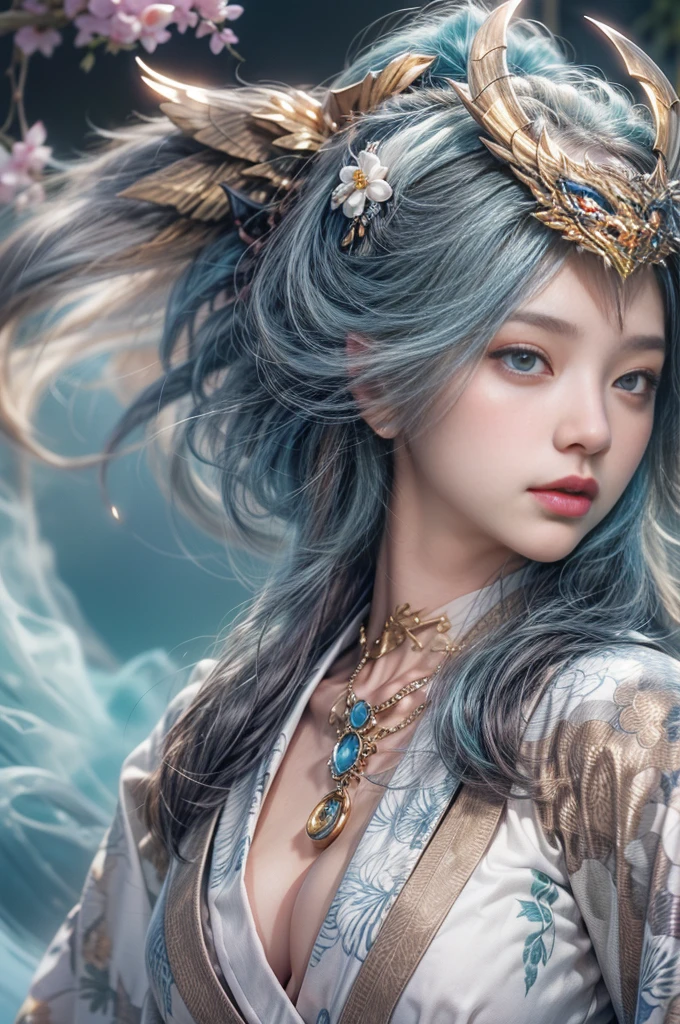 (Photoreal Stick:1.4, masutepiece:1..3, 8K), top-quality, masterpiece, 超A high resolution, Perfect dynamic composition, Professional camera work, Grow Light Effect, Mystical portrait, Cinematic Light, Highly detailed skin and facial texture:1.3, The ultra-detailliert, A detailed eye, (riding a silver dragon, carry a long noble staff), (myterious:1.3, Fanciful:1.2, tradition:1.2, legends:1.2, myth:1.2, majestueux:1.2), 1girl in, 25-years old, cute and sexy slim goddess, Fair skin, (A slight smil:0.9, Totally captivates you:1.0), (japanese kimono:1.3), (voluptuous breasts:0.9), (back shot beautiful blue eyes, Eyes that feel beautiful eros:0.85), Sexy face:0.4, (A mouthfeel that feels beautiful eros:0.85), ((Too cute beauty:0.9)), Fantastic background, Eliminate unnecessary hands