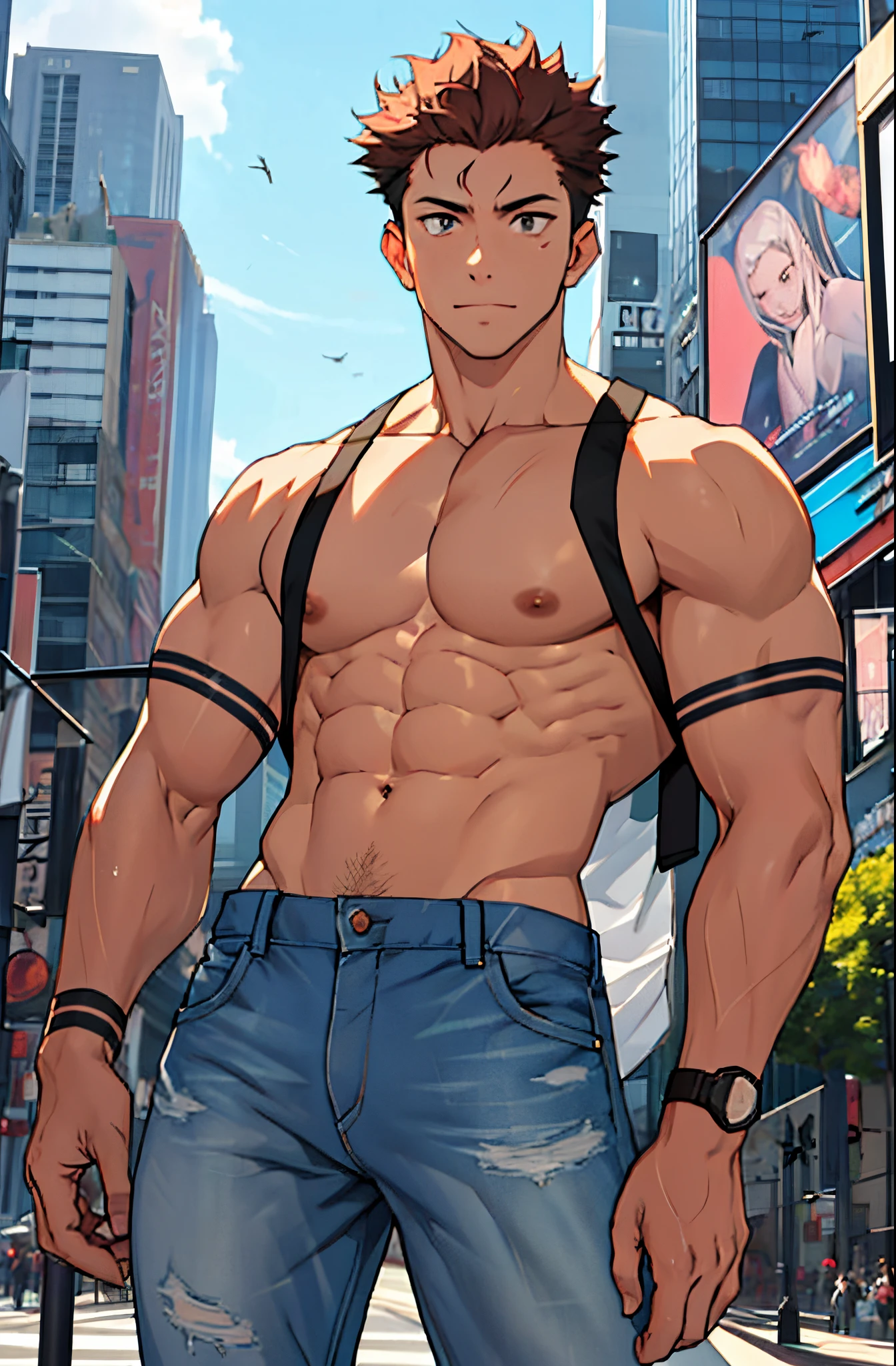 A mais alta qualidade, 8K, image high resolution, Detailed strokes, no meio de uma avenida movimentada estilo Times Square, inverno, apoiado em um dos postes, adolecente, lion men, wearing a tank top , masculo, chest a little tight in the shirt , (angulo de baixo), pernas definidas, defined arms, abdomen definido, com a camisa,