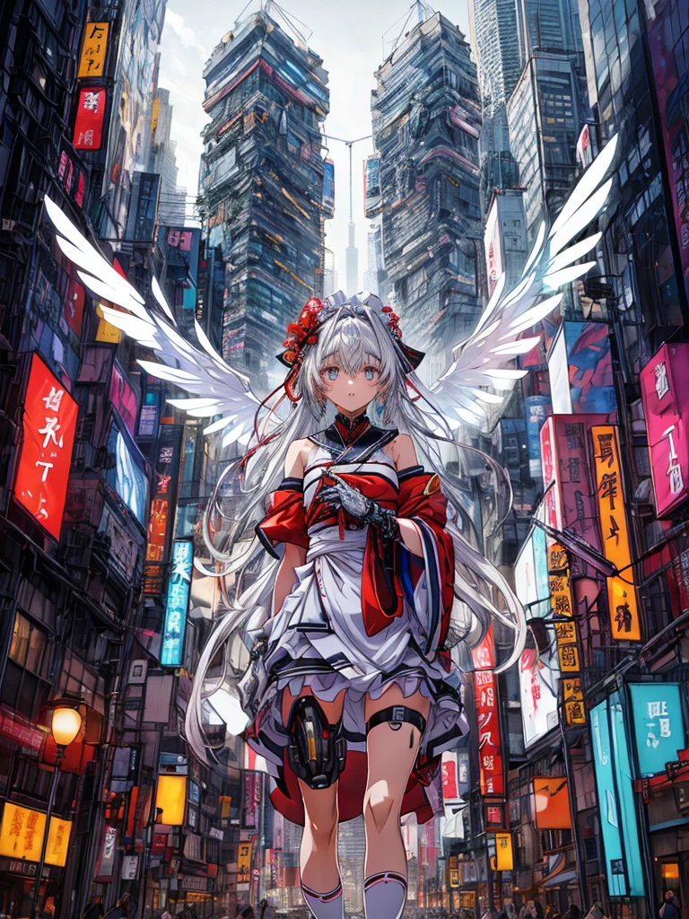 top-quality、ighly detailed、​masterpiece、ultra-detailliert、illustratio、((1girl in))、silber hair、length hair、Floating hair、、Cyber City、Neon building、(The upper part of the body:1.05)、extremely_Detailed_Eyes_And_Face,cybernetic wings mechanical wings、Random posture、Skyscraper、、Mechumusume、shrine maiden clothe,maid clothes、Random angles、anime styled,cowboy  shot