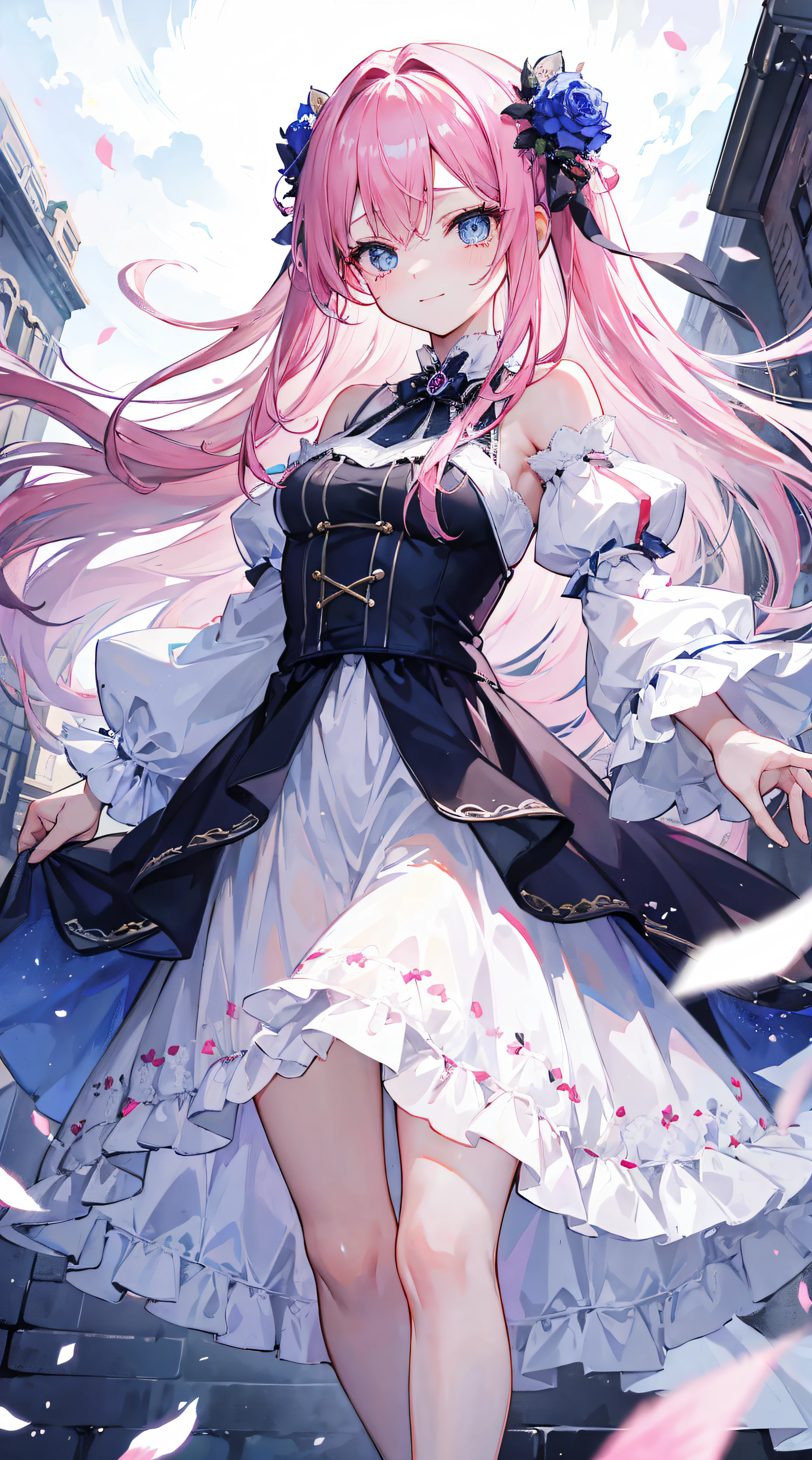 Pink Long Hair,dark strong blue eye,Smiling but crying again,Tears welled up from the corners of my eyes,smile back,Show your ears,white dresses,Very innocent girl,Holding a flower that is about to wither,The picture looks like a bustling city,Motion blur in pictures,Different actions,And the movements are graceful and graceful