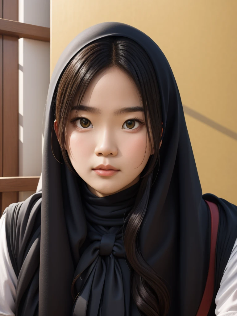 there  a woman wearing a black hijab and a white shirt, hijab, south east asian with round face, malaysian, with accurate face, student, sakimi chan, asian face, perfect expression, protrait, with kind face, close up potrait, handsome girl, full protrait, potrait, old picture, muslim, beuatiful face