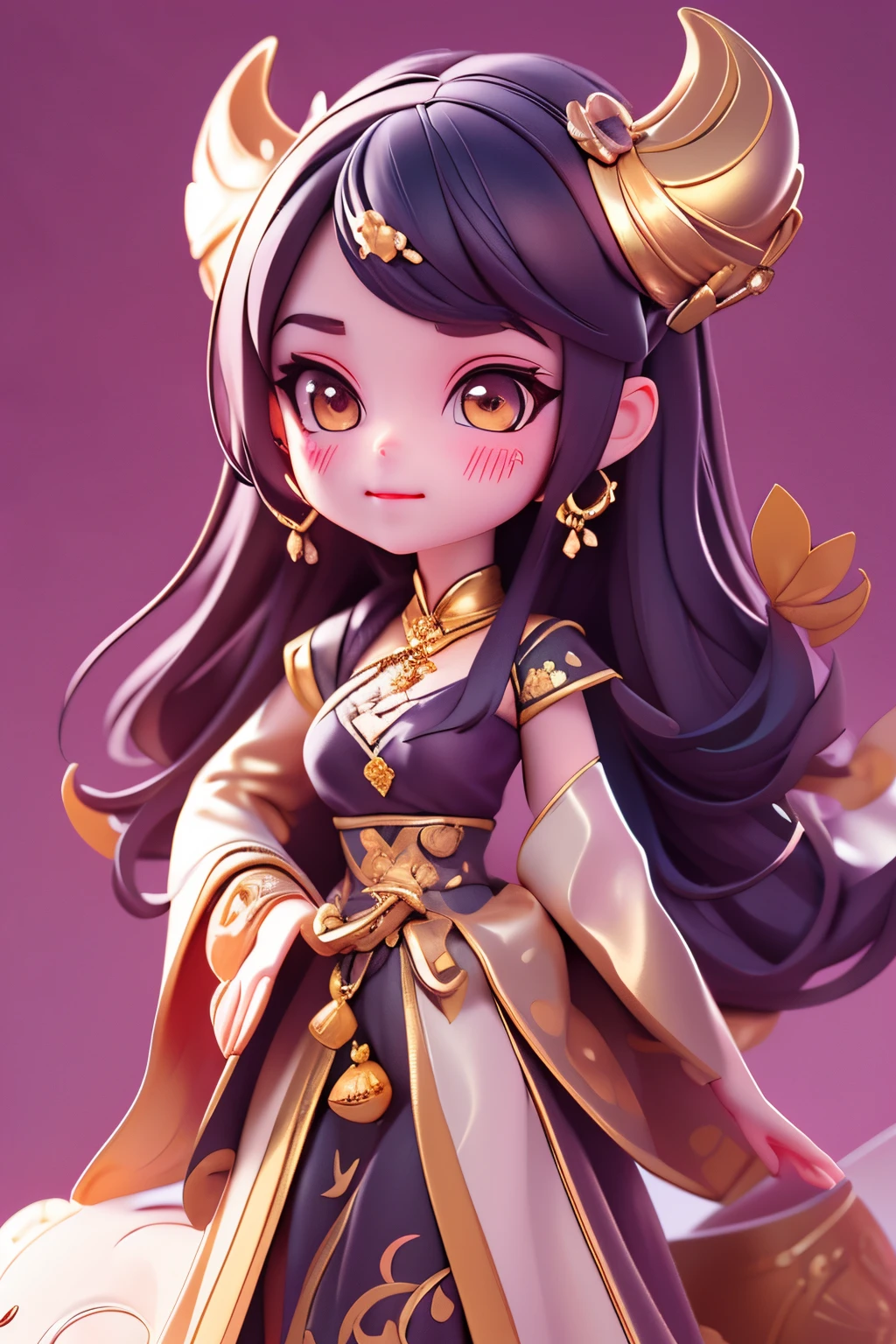 (Blind box toy style, Western cartoon Q version), 1 beautiful female succubus head, china dress, black hair, smiling), cute full body portrait, slender figure standing, cartoon character, medieval, 3D rendering, symatic lighting, ray tracing, golden decoration