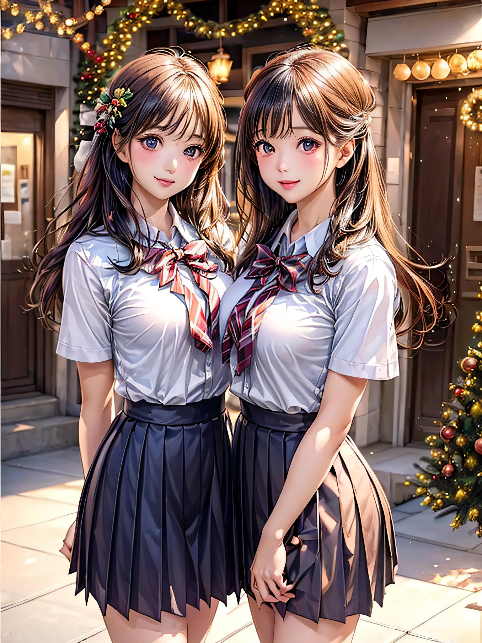 (2girls:1.4), Extremely cute, amazing face and eyes beautiful nice smile), (extremely detailed beautiful face), bright and shiny lips, (School uniform, Pleated skirt:1.3), (Best Quality:1.4), (hyper quality), (Ultra-detailed), (Hyper-realistic, Photorealsitic:1.37), Authentic skin texture, intricate-detail, extremely detailed CG unified 8k wallpaper, RAW Photos, professional photograpy, Cinematic lighting, Exposing, Christmas tree, Christmas Ornaments, Christmas Decorations, Christmas Lights, Christmas Lights,