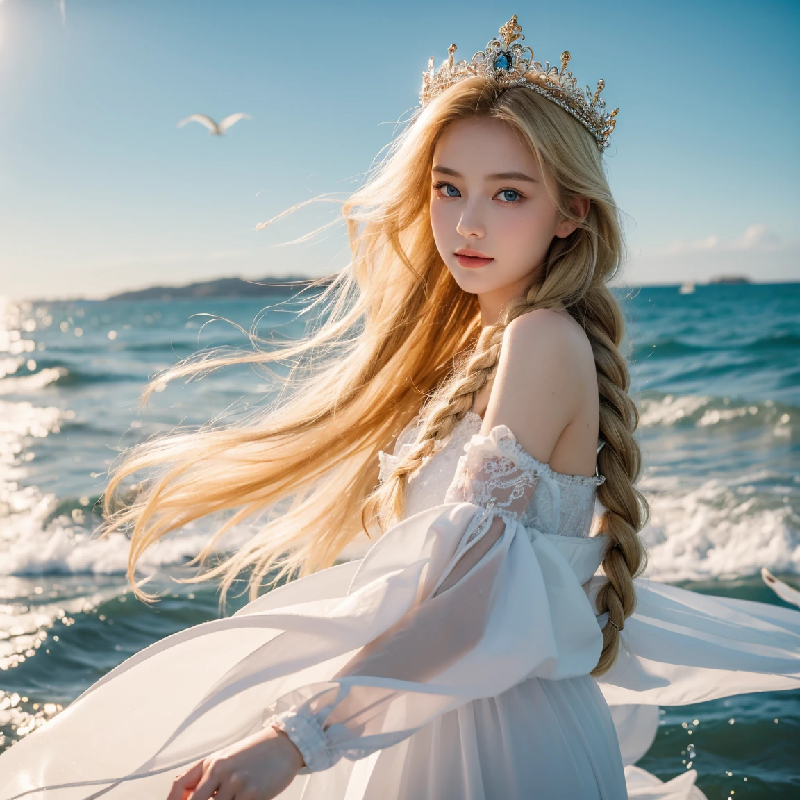 ,((Best quality at best))),8K,((tmasterpiece)),(Extremely Delicately Beautiful), There was a girl coming out of the sea, Swan princess in Russian mythology, beautiful calm face, eBlue eyes, Long blonde hair braided, Moon braid on back of head, Russian shiny white old clothes,Wearing the Kokosnik crown, Affectionate look, half smile, There is a gentle expression on his face, Seascape and sunlight in the background, Seagulls in the sky, whole-length, Realistis