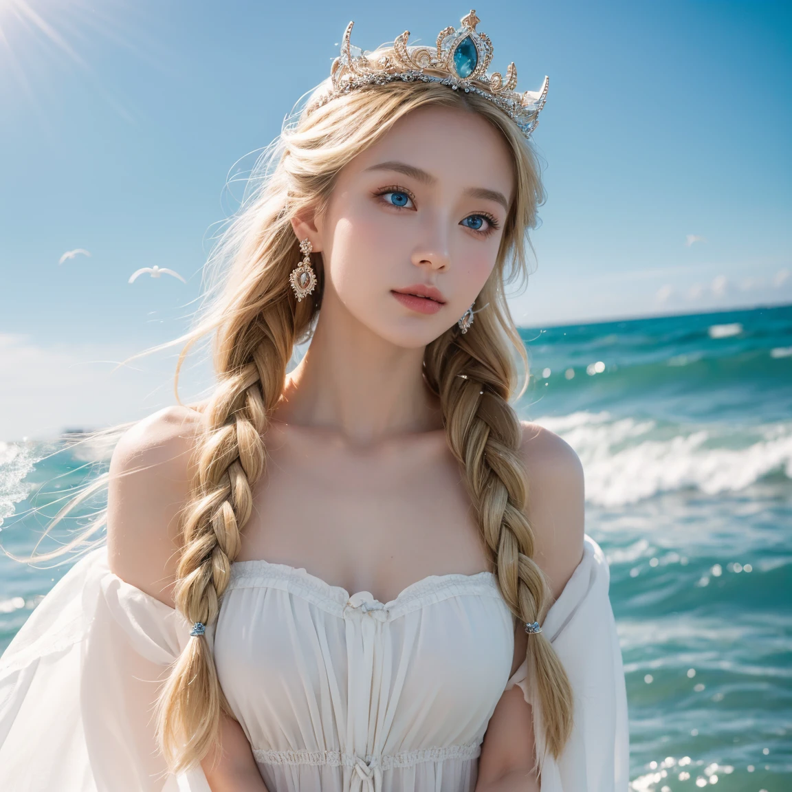,((Best quality at best))),8K,((tmasterpiece)),(Extremely Delicately Beautiful), There was a girl coming out of the sea, Swan princess in Russian mythology, beautiful calm face, eBlue eyes, Long blonde hair braided, Moon braid on back of head, Russian shiny white old clothes,Wearing the Kokosnik crown, Affectionate look, half smile, There is a gentle expression on his face, Seascape and sunlight in the background, Seagulls in the sky, whole-length, Realistis