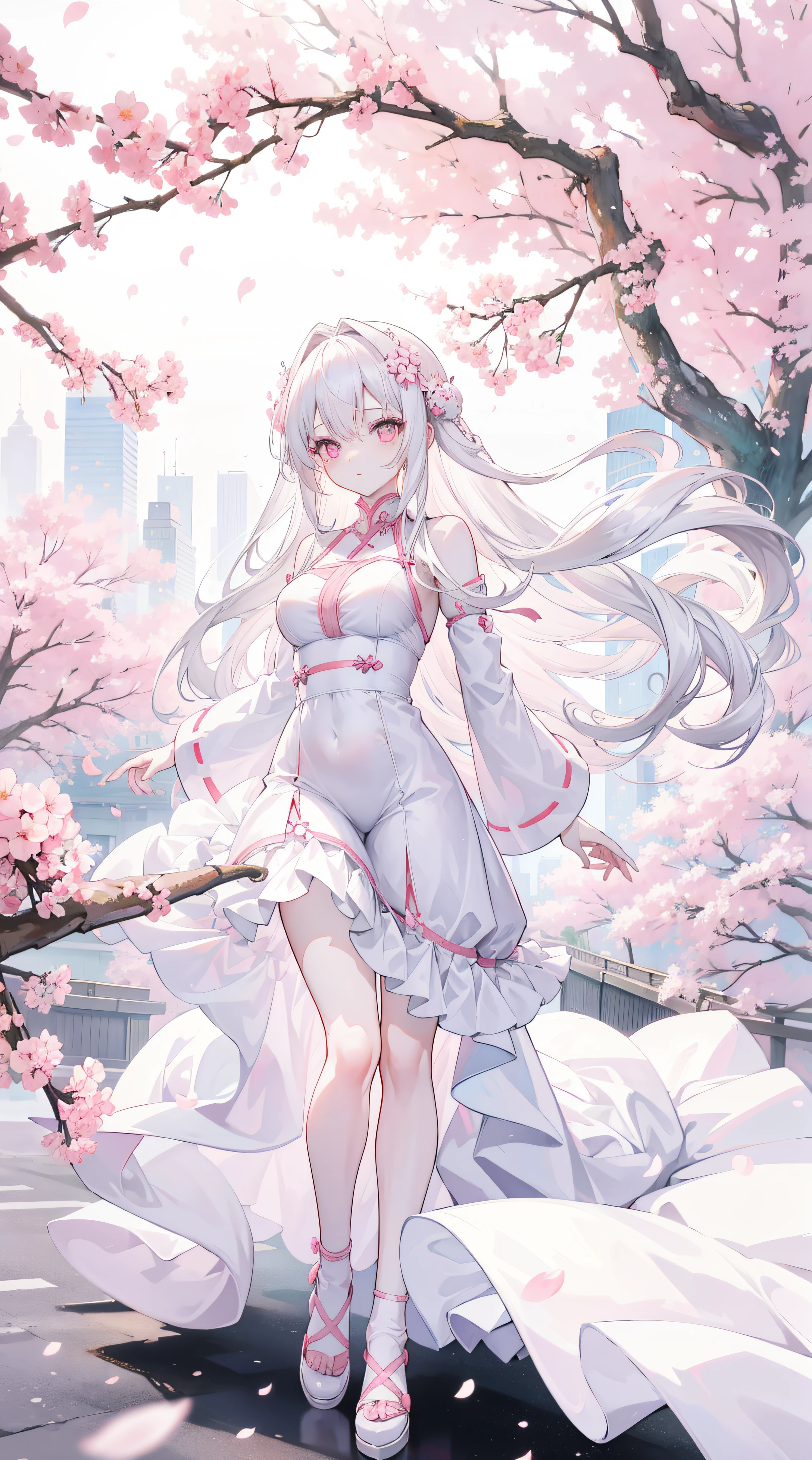 Anime manga girl, Long white hair, Pale pink eyes, wearing beautiful white dress, Look down at the camera, Beautiful background of the city with cherry blossom trees, Good anatomy, 8K, A high resolution，Different actions，dances，realisticlying