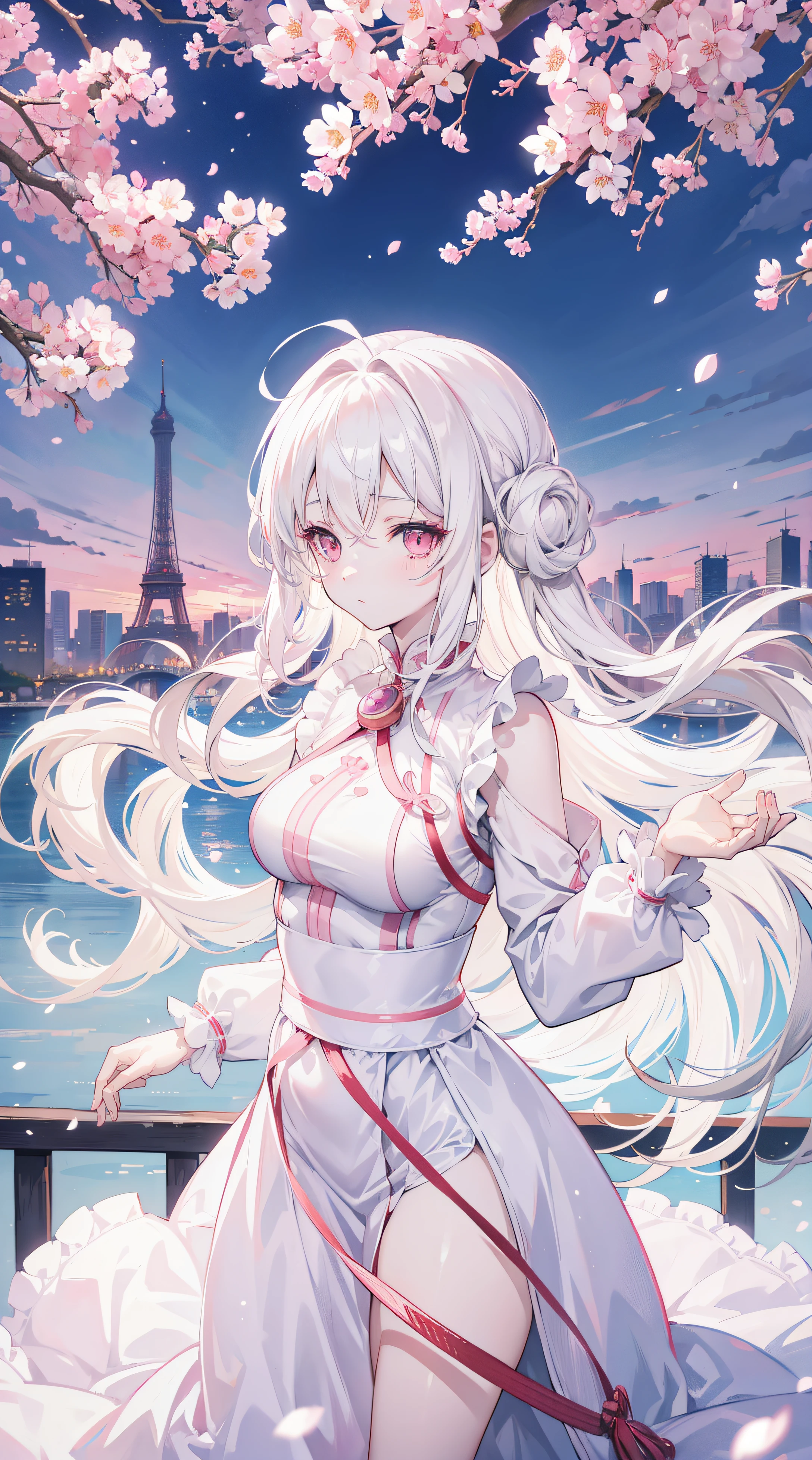 Anime manga girl, Long white hair, Pale pink eyes, wearing beautiful white dress, Look down at the camera, Beautiful background of the city with cherry blossom trees, Good anatomy, 8K, A high resolution，Different actions，dances，realisticlying
