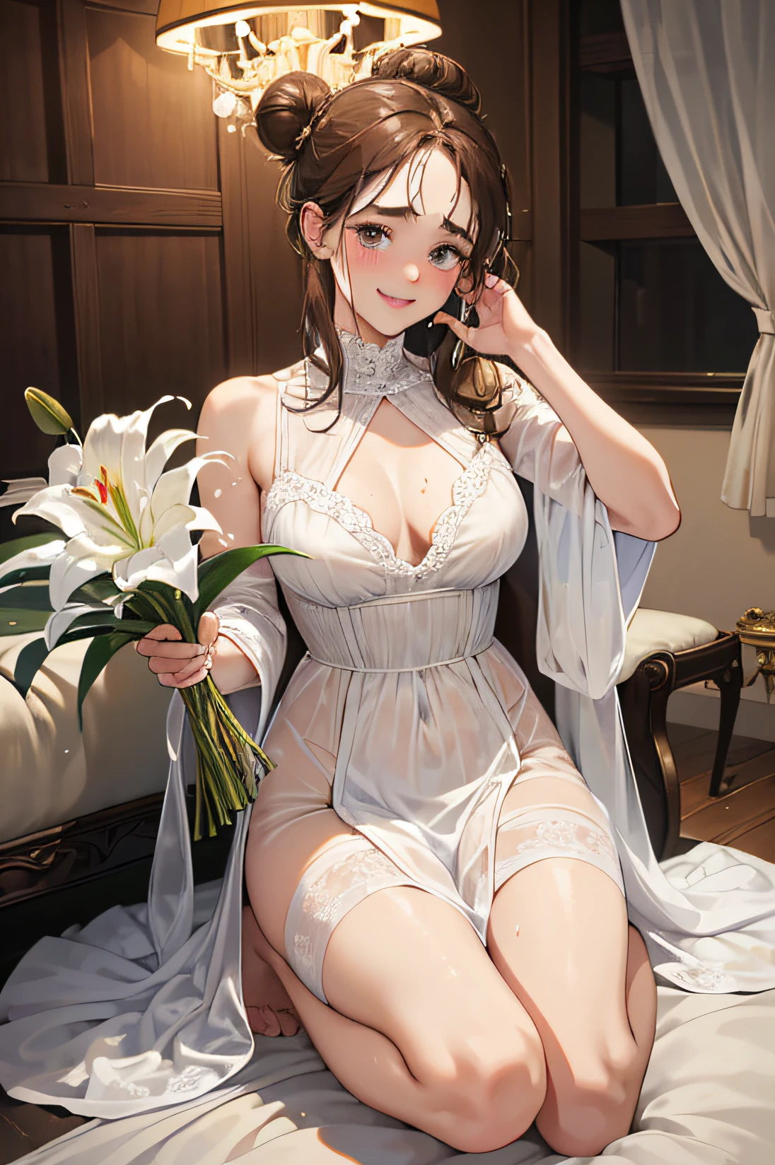 (On a table, number art, Digital illustration, 4K, 8K, ultra - detailed, Beautiful image, Sharp Images, realistically, RAW photos, is a perfect face, Perfect lines, perfect eyes, gentlesoftlighting) 1人の女性, (Light brown hair,hair-bun,innocent look,droopy eyebrows,Teary eyes,with a round face,Round Chin、pure,Cute little turtle,largeeyes,natural makeup,smile kindly,E杯,23-year-old female:1.3),Two handsome guys in suits, (human character,Man in suit,Muscular,Shoulders broad and firm, Man's,Childlike hairstyles,man in his 30s,The expression is grim,28-year-old man,The smile is bright:1.2),antique furnitures,ancient antiques,antique chair,Chandeliers,crystal glass,Luxury,dreamy light,marble fireplace,(embarrassed from,Smile shyly,White lily bouquet:1.2),antique sofa,a leather sofa,this kiss、kisses、A couple、couple kissing、𝓡𝓸𝓶𝓪𝓷𝓽𝓲𝓬、Plain white dress、Weddings、gender、soaked pubic hair、 、Overflowing、A slight smil、cute little、report,Full body painting,(a woman and a man,possessed :1.5),(human character, Man's,rub girl'S:1.2),Cheek staining、Panting Face、embarressed、Noudi、begging、Not in the mood、Greedy expression,soaked pubic hair、 xen、Open your crotch、Cheek staining、Panting Face、embarressed、Noudi、begging、Not in the mood、Greedy expression,soaked pubic hair、 xen、Open your crotch、revcowgirl、Boroli、Chest fluttering、lace underwear big breasts、Take off your underwear、pure pubic hair、Roll up the hem of your pajamas、Public area display、Plugins、 quilt、After stripping off and exposing inner clothes、licking ear、Ella、My fingers are wet.....................、Glowing face、Soaked with sweat、