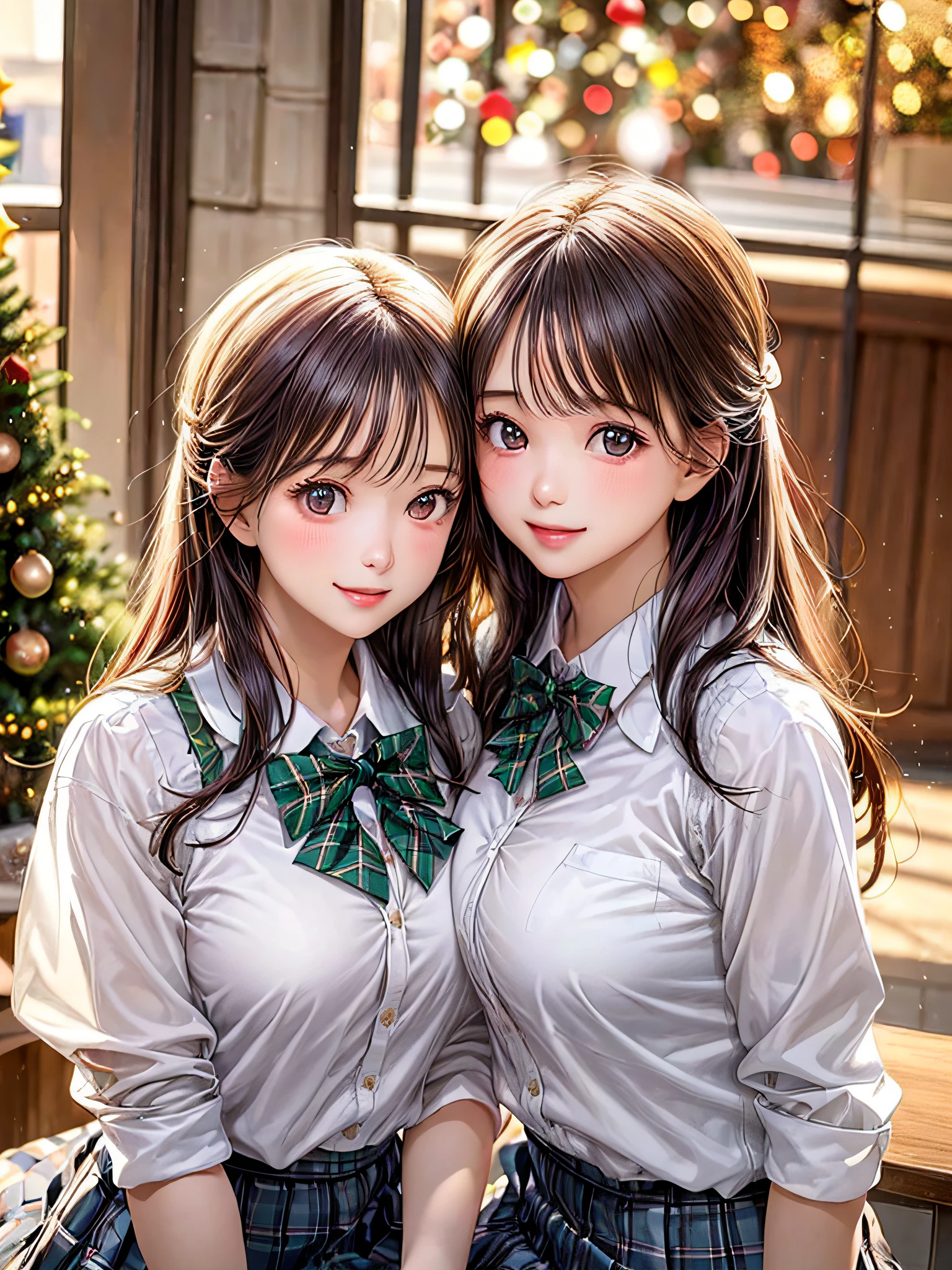 (2girls:1.4), Extremely cute, amazing face and eyes beautiful nice smile), (extremely detailed beautiful face), bright and shiny lips, (School uniform, Pleated skirt:1.3), (Best Quality:1.4), (hyper quality), (Ultra-detailed), (Hyper-realistic, Photorealsitic:1.37), Authentic skin texture, intricate-detail, extremely detailed CG unified 8k wallpaper, RAW Photos, professional photograpy, Cinematic lighting, Exposing, Christmas tree, Christmas Ornaments, Christmas Decorations, Christmas Lights, Christmas Lights,
