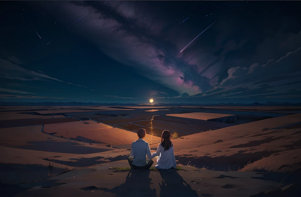 Expansive landscape photograph，look from down，Above is the sky，Below are open fields。Student couple sitting on the prairie，brunette color hair，The wind blows the hair。tmasterpiece，Starry sky at night pink moon，The couple watched intently at the moon，focal point。zoomout，People look small，It was dark，Have a dream，mountain cliff，dream magical，Color details，detail-rich，magical