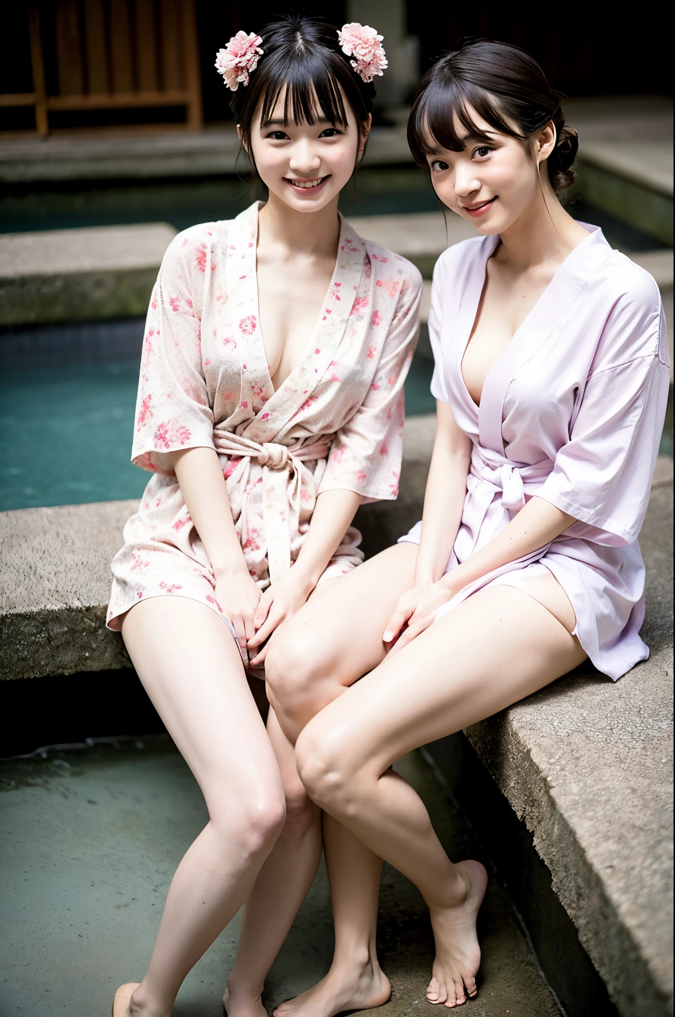 2 girls in hot spring,pale pink floral yukata,hair accessories,cotton thong,18-year-old,bangs,a little smile,thighs,crotch,knees,short cut hair,low poneytail,from below