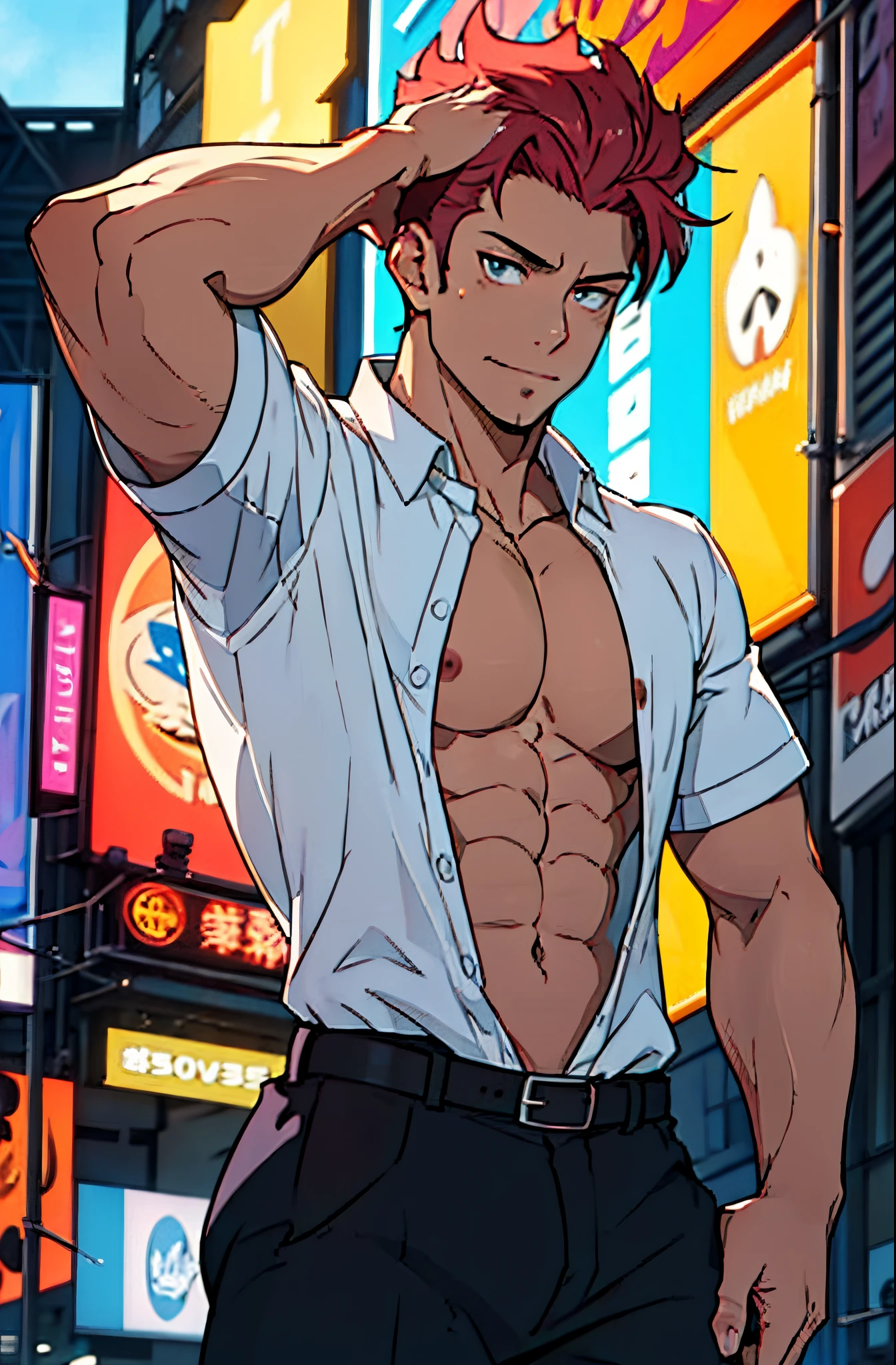 the highest quality, 8K, high resolution image, Trazos detallados, en medio de una concurrida avenida estilo Times Square, invierno, apoyado en uno de los postes, adolecente, hombres leones, Usando una camiseta sin mangas , masculino, pecho un poco apretado en la camisa , (low angle), (angulo perto) , piernas definidas, brazos definidos, abdomen definido, desnudo con el pene en la mano masturbandose