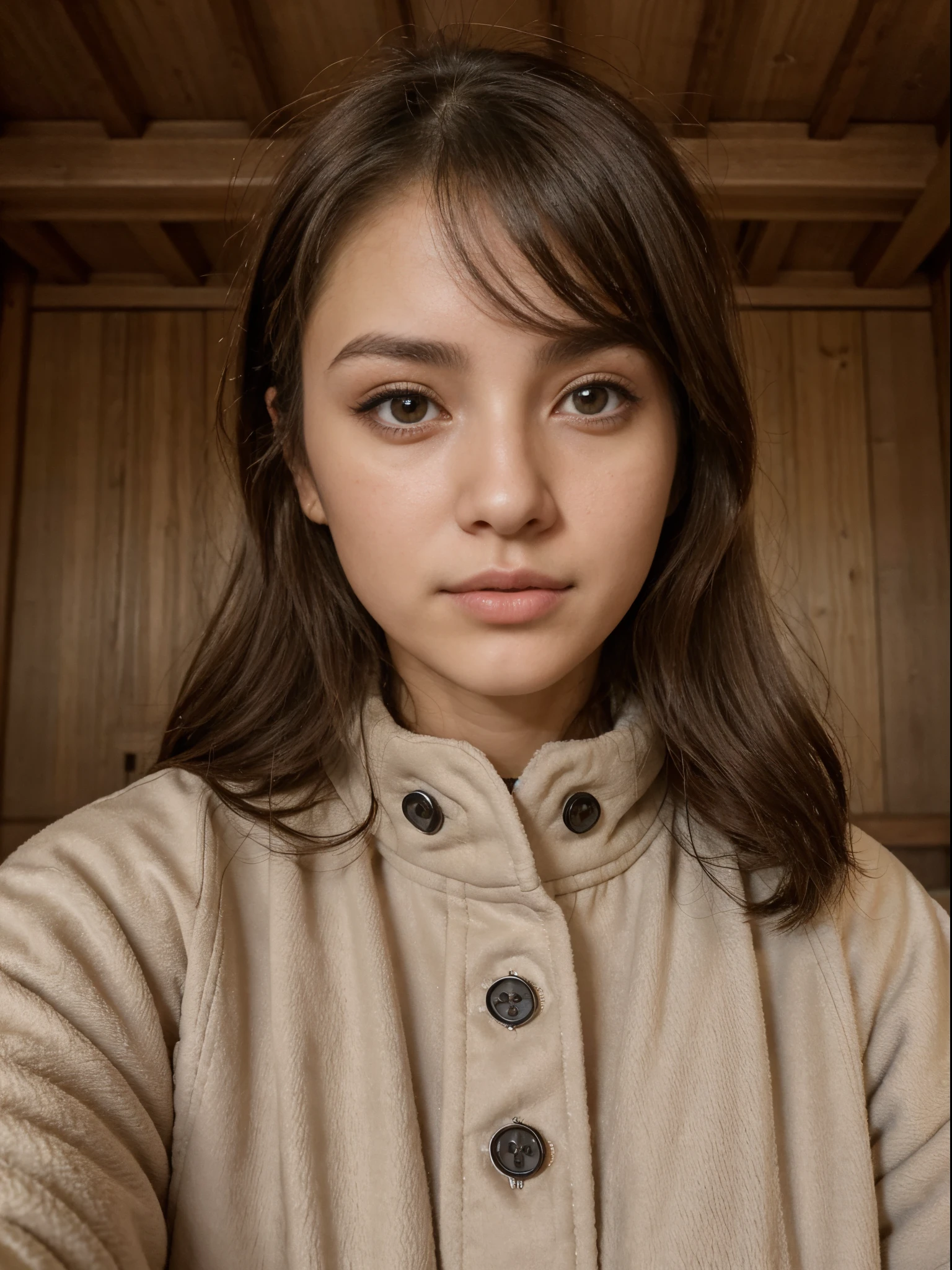 Photo of a 20 year old brunette woman., que tiene una cara muy natural, labios finos, Ojos delgados, cejas finas, nariz delgada, Pendientes, long eyeslashes. She takes a cute selfie at kanazawa castle in Japan. She is wearing a northface coat