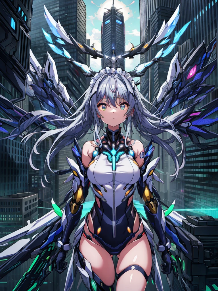 top-quality、ighly detailed、​masterpiece、((1girl in))、silber hair、length hair、Floating hair、、Cyber City、Neon building、(The upper part of the body:1.05)、extremely_Detailed_Eyes_And_Face,cybernetic wings mechanical wings、Random posture、Skyscraper、、Mechumusume、shrine maiden clothe,maid clothes、Random angles、anime styled,cowboy  shot