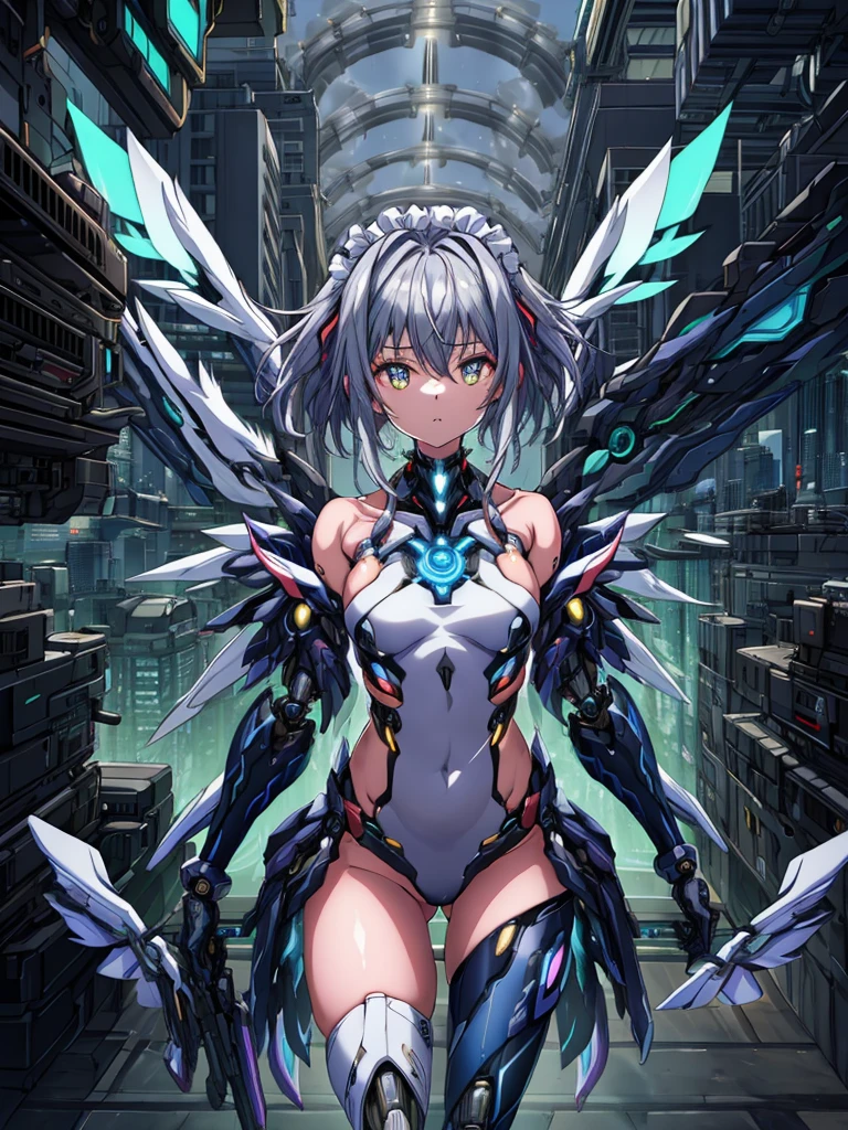 top-quality、ighly detailed、​masterpiece、((1girl in))、silber hair、length hair、Floating hair、、Cyber City、Neon building、(The upper part of the body:1.05)、extremely_Detailed_Eyes_And_Face,cybernetic wings mechanical wings、Random posture、Skyscraper、、Mechumusume、shrine maiden clothe,maid clothes、Random angles、anime styled,cowboy  shot