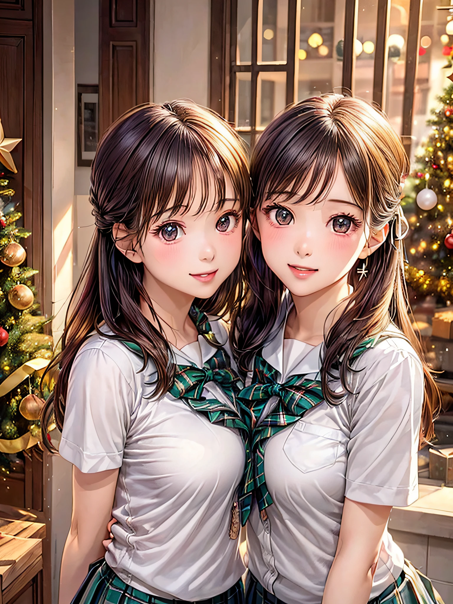 (2girls:1.4), Extremely cute, amazing face and eyes beautiful nice smile), (extremely detailed beautiful face), bright and shiny lips, (School uniform, Pleated skirt:1.3), (Best Quality:1.4), (hyper quality), (Ultra-detailed), (Hyper-realistic, Photorealsitic:1.37), Authentic skin texture, intricate-detail, extremely detailed CG unified 8k wallpaper, RAW Photos, professional photograpy, Cinematic lighting, Exposing, Christmas tree, Christmas Ornaments, Christmas Decorations, Christmas Lights, Christmas Lights,