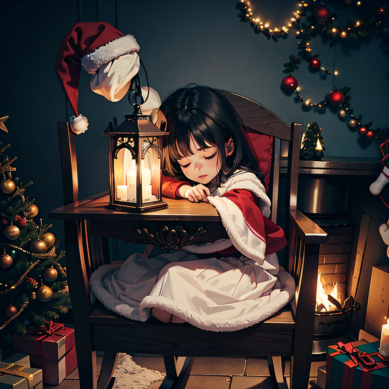 closeup cleavage，little girl sleeping in rocking chair，Christmas decorations