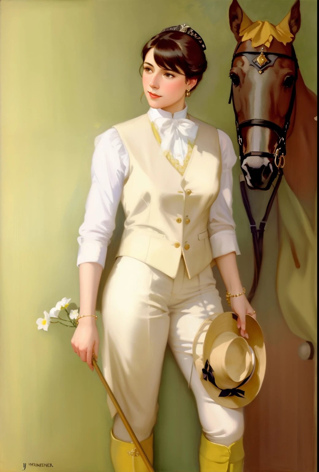 painting of a woman in a yellow vest and white shirt holding a hat and a horse, inspirado em J. C. Leyendecker, inspirado em J.C. Leyendecker, inspirado por Sir Alfred Munnings, parte estilo leyendecker, inspirado em Wenzel Lorenz Reiner, Directed by: Ramon Casas i Carbó, Directed by: John Lavery