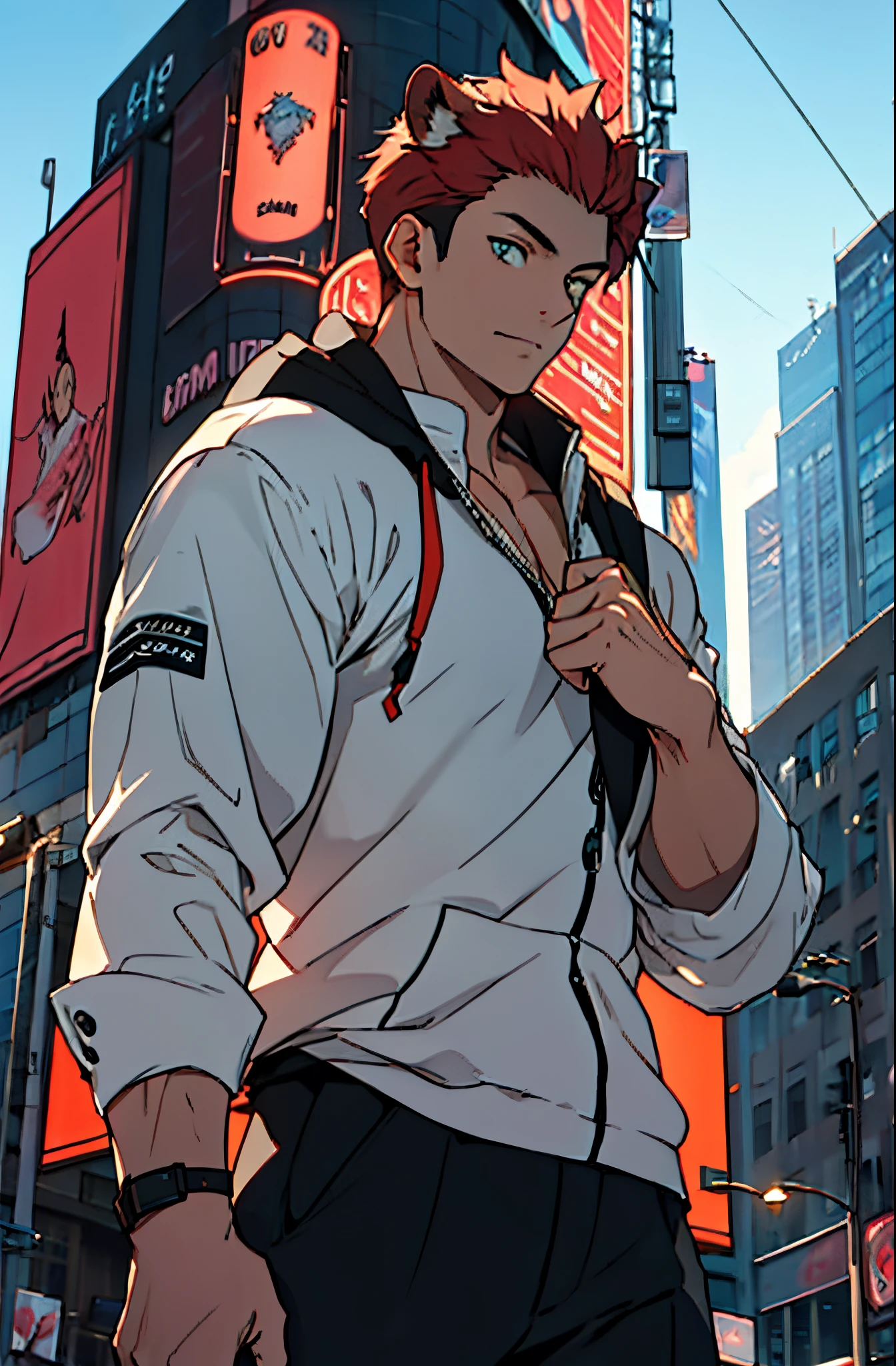 A mais alta qualidade, 8K, image high resolution, Detailed strokes, no meio de uma avenida movimentada estilo Times Square, inverno, apoiado em um dos postes, adolecente, lion men, wearing a cold jacket , masculo, chest a little tight in the shirt , (angulo de baixo), (perto da camernas definidas, defined arms, abdomen definido, com a camisa,