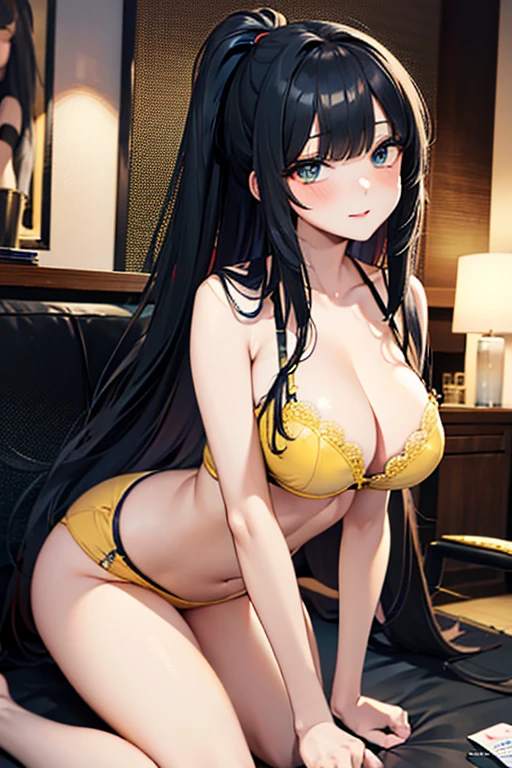 (Best Quality)), ((Masterpiece Art)), A trick for flawless beauty, (high resolucion), Very reduced 8K , a flawless face, perfect eyes, Symmetrical body shape,Black hair, yellow lingerie, yellow bra,yellow underwear, large full breasts, sexual intercourse, Sexual attractiveness, hentai, NSFW