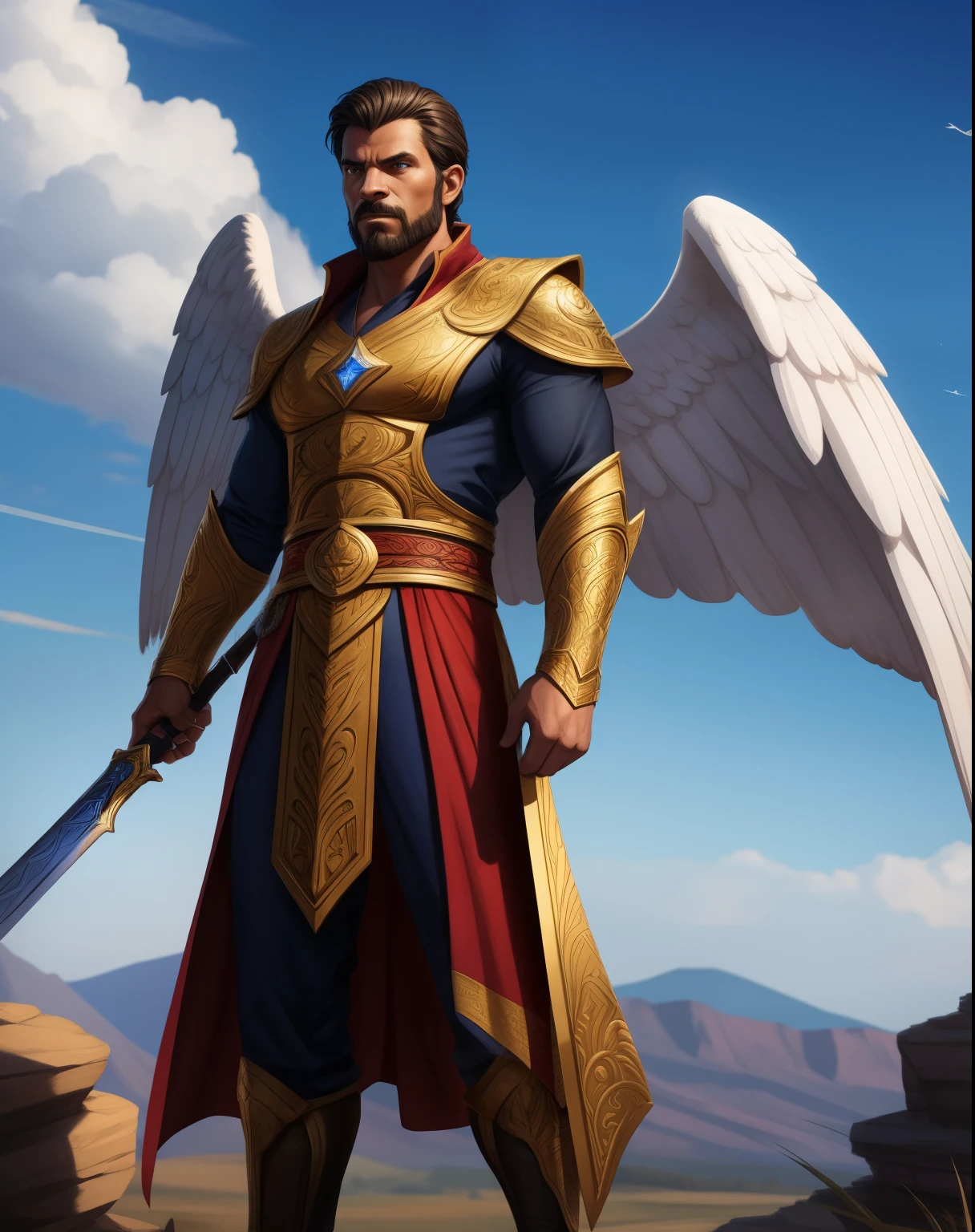 um grupo de mulheres negras em grupo de homens negros vestindo uma fantasia de natalillustrate a view of a handsome black man wearing a long glorious white robe with gold embroidery. He has glorious wings and is an angel. He stands high in the sky. He is holding a large golden sword. He is ready for revenge. golden skin. Frontal view with the face of a warrior with righteous anger and indignation. Ethereal and fantasy photorealistic 8k