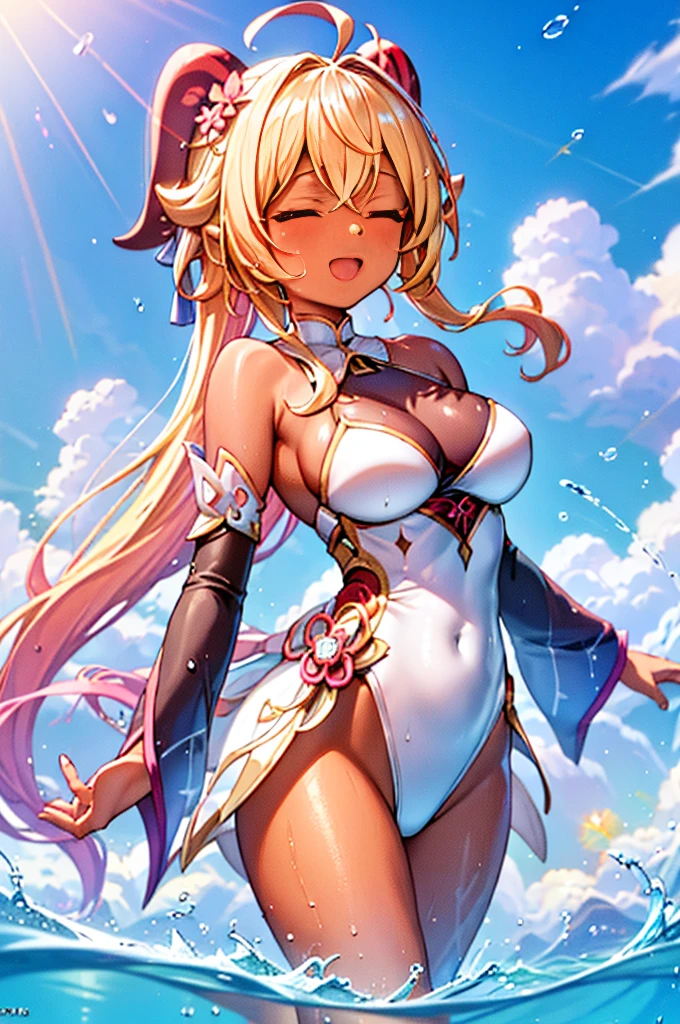 Best quality at best, tmasterpiece, Incredibly beautiful, very elaborate 8K wallpaper, otherworldly beautiful girl, , (Dark skin), (blonde hair pink gradient hair), Side pony, intermittently, Open your mouth and laugh, Long eyelashes, cosmetics, Close her eyes, (zoomout, The large, BigREAK, 夏天, Beachy, (比基尼), Reflection in the water, (Floating water drops blur foreground), (blue-sky), lens flare glow, (water splash), rays of sunshine,
