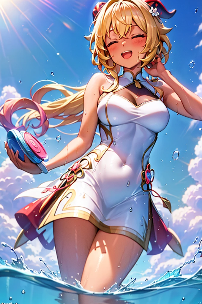 Best quality at best, tmasterpiece, Incredibly beautiful, very elaborate 8K wallpaper, otherworldly beautiful girl, , (Fair skin), (blonde hair pink gradient hair), Side pony, intermittently, Open your mouth and laugh, Long eyelashes, cosmetics, One eye open, (zoomout, The large, BigREAK, 夏天, Beachy, (比基尼), Reflection in the water, (Floating water drops blur foreground), (blue-sky), lens flare glow, (water splash), rays of sunshine,