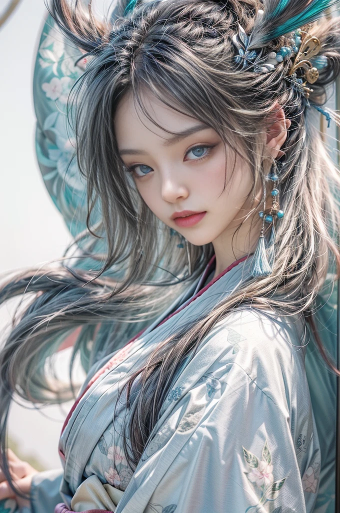(Photoreal Stick:1.4, masutepiece:1..3, 8K), top-quality, ​masterpiece, 超A high resolution, Perfect dynamic composition, Professional camera work, Grow Light Effect, Mystical portrait, Cinematic Light, Highly detailed skin and facial texture:1.3, The ultra-detailliert, A detailed eye, (riding a silver dragon, carry a long noble staff), (myterious:1.3, Fanciful:1.2, tradition:1.2, legends:1.2, myth:1.2, majestueux:1.2), 1girl in, 25-years old, cute and sexy slim goddess, Fair skin, (A slight smil:0.9, Totally captivates you:1.0), (japanese kimono:1.3), (voluptuous breasts:0.9), (back shot beautiful blue eyes, Eyes that feel beautiful eros:0.85), Sexy face:0.4, (A mouthfeel that feels beautiful eros:0.85), ((Too cute beauty:0.9)), Fantastic background, Eliminate unnecessary hands