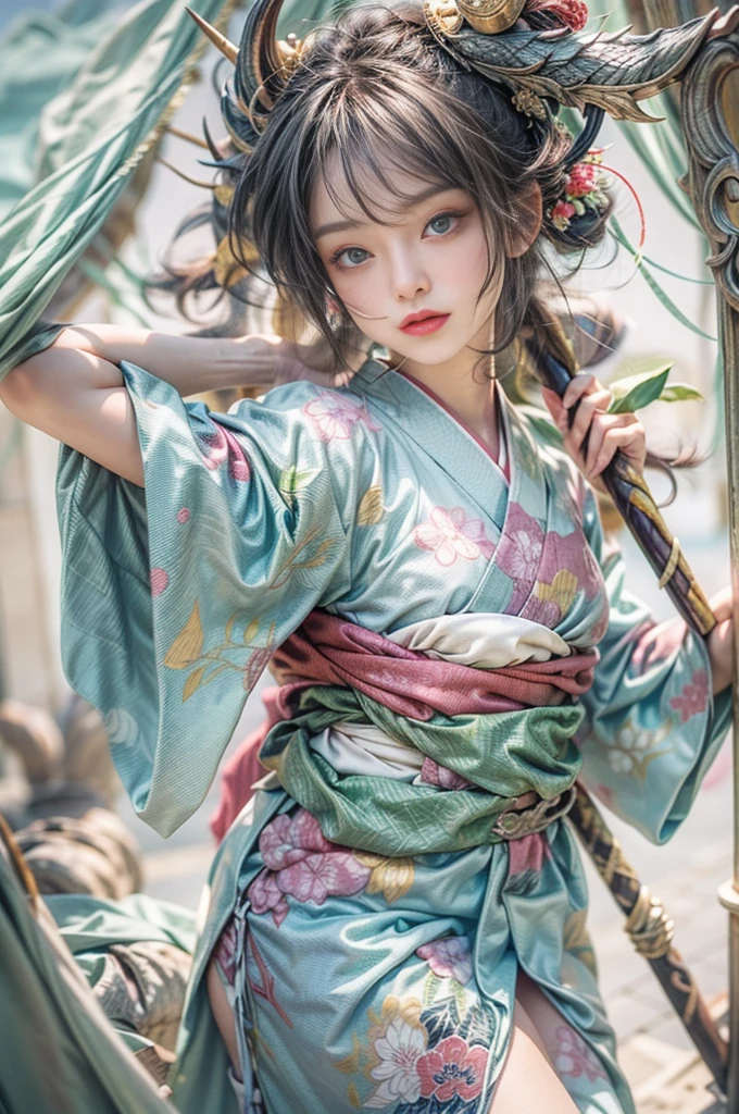 (Photoreal Stick:1.4, masutepiece:1..3, 8K), top-quality, masterpiece, 超A high resolution, Perfect dynamic composition, Professional camera work, Grow Light Effect, Mystical portrait, Cinematic Light, Highly detailed skin and facial texture:1.3, The ultra-detailliert, A detailed eye, (riding a silver dragon, carry a long noble staff), (myterious:1.3, Fanciful:1.2, tradition:1.2, legends:1.2, myth:1.2, majestueux:1.2), 1girl in, 25-years old, cute and sexy slim goddess, Fair skin, (A slight smil:0.9, Totally captivates you:1.0), (japanese kimono:1.3), (voluptuous breasts:0.9), (back shot beautiful blue eyes, Eyes that feel beautiful eros:0.85), Sexy face:0.4, (A mouthfeel that feels beautiful eros:0.85), ((Too cute beauty:0.9)), Fantastic background, Eliminate unnecessary hands