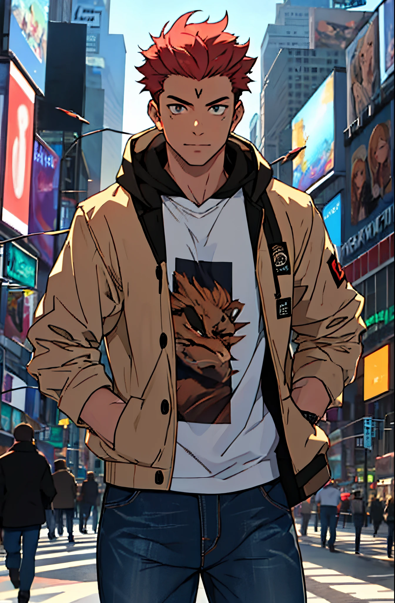 A mais alta qualidade, 8K, image high resolution, Detailed strokes, no meio de uma avenida movimentada estilo Times Square, inverno, apoiado em um dos postes, adolecente, lion men, wearing a cold jacket , masculo, chest a little tight in the shirt , (angulo de baixo), (perto da camernas definidas, defined arms, abdomen definido, com a camisa,