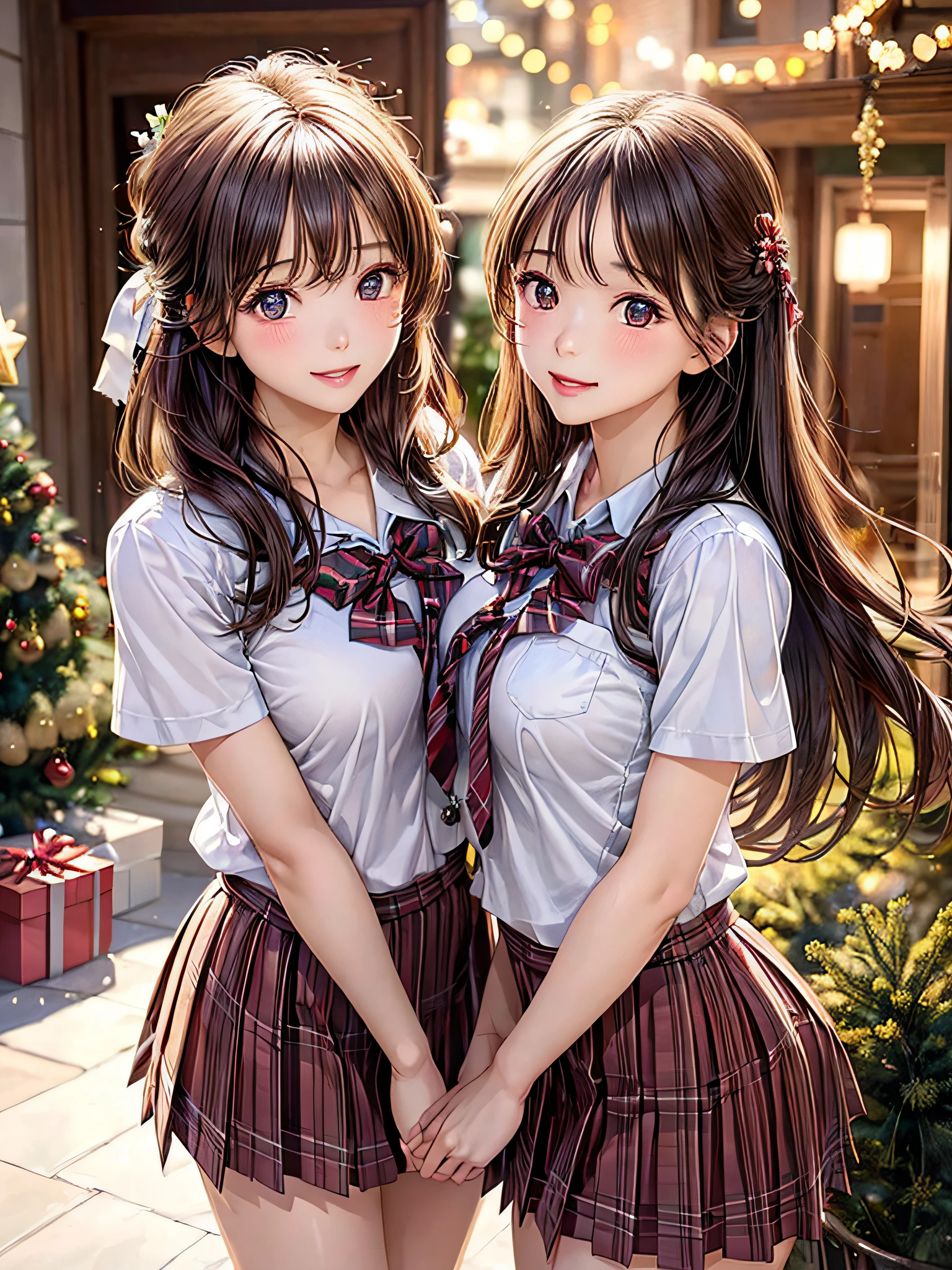 (2girls:1.4), Extremely cute, amazing face and eyes beautiful nice smile), (extremely detailed beautiful face), bright and shiny lips, (School uniform, Pleated skirt:1.3), (Best Quality:1.4), (hyper quality), (Ultra-detailed), (Hyper-realistic, Photorealsitic:1.37), Authentic skin texture, intricate-detail, extremely detailed CG unified 8k wallpaper, RAW Photos, professional photograpy, Cinematic lighting, Exposing, Christmas tree, Christmas Ornaments, Christmas Decorations, Christmas Lights, Christmas Lights,