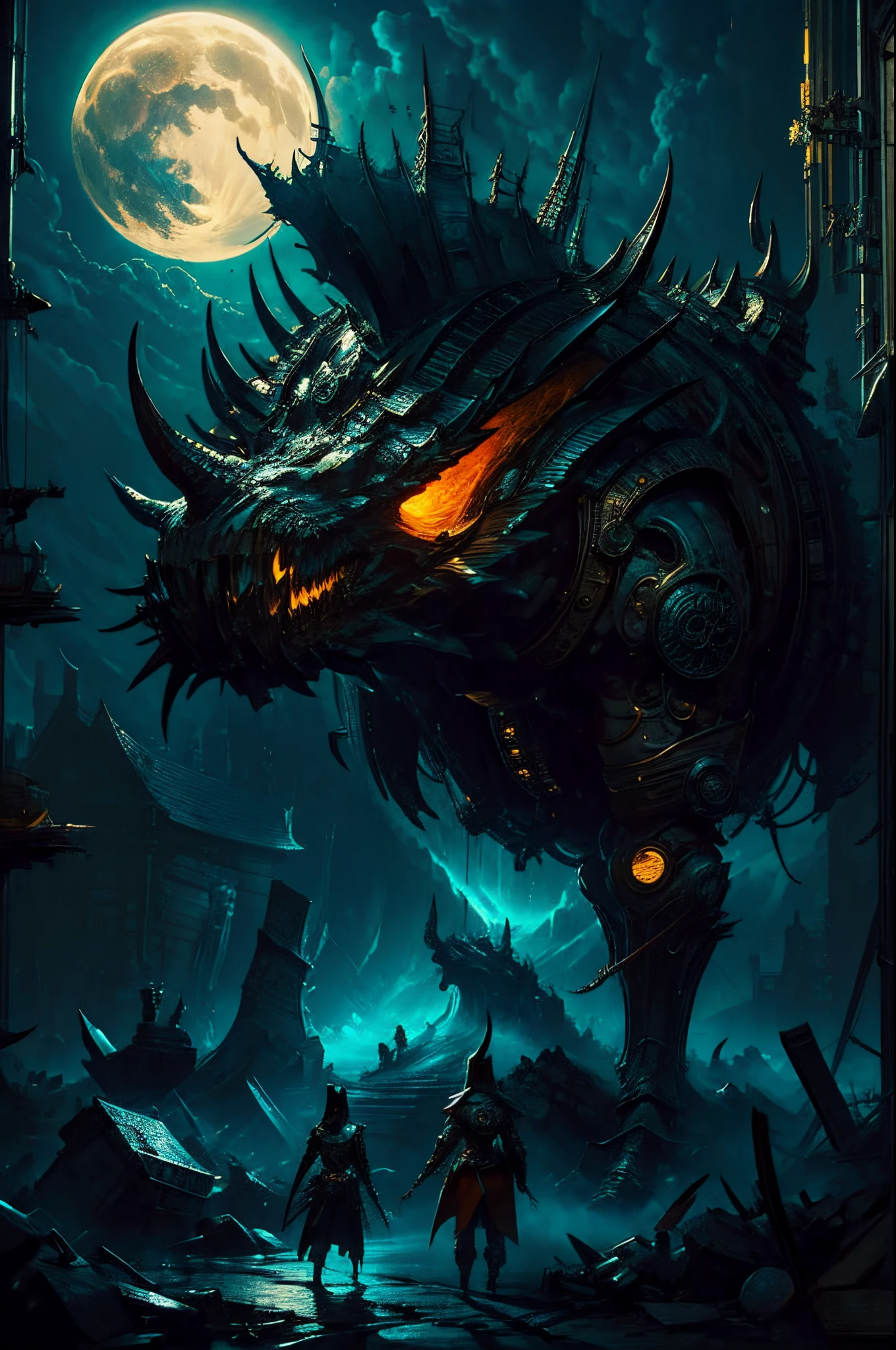 photorealistic, (hyperrealistic:1.2), beautiful, masterpiece, best quality, extremely detailed face, perfect lighting, full body, WarriorStyle,     horns, solo, no humans, teeth, scales, male focus, orange eyes, armor, profile, sharp teeth, upper body, from side, monster