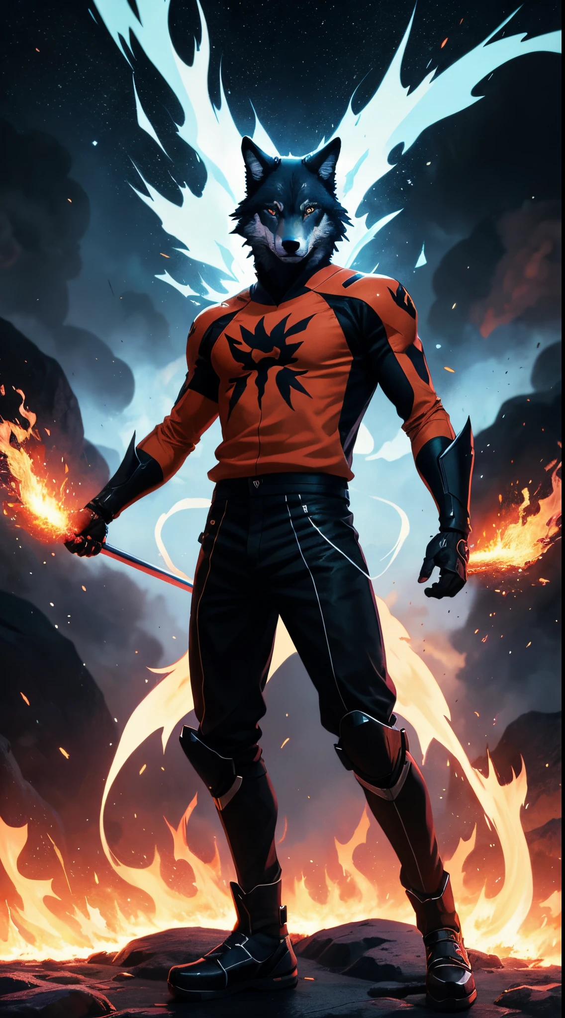 Get ready for a visual feast with black humanoid wolf full-body portrait, his gentle relaxed face, handsome face, and piercing red eyes. wear t-shirt. In his transformed state, he radiates extreme instinct and power, creating an epic film about this energetic man. See how he manipulates fire and lava in stunning anime artwork that will blow your mind. This concept art comes straight from the Bleach Universe, with manga-style 8k wallpapers that will transport you to another dimension. Get ready to be amazed by this detailed work of digital anime art, representing the ultimate combination of style and power.