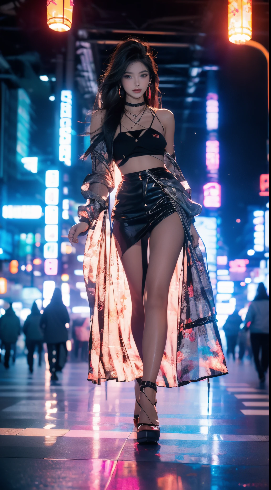 (best quality,4k,8k,highres,masterpiece:1.2),ultra-detailed,(realistic,photorealistic,photo-realistic:1.37),beautiful detailed eyes,beautiful detailed lips,extremely detailed eyes and face,longeyelashes,1girl,illustration, landscape,colorful vibrant city lights,impressive skyline,reflection of city lights on wet ground,glowing neon signs and billboards,streets filled with bustling crowds,modern architecture,tall skyscrapers,shimmering glass buildings,contemporary fashion,stylish outfits,confident posture and stride,graceful movement,cheerful expression,white flowing hair,city lights create a dreamy atmosphere,dynamic and energetic vibes,highlighted contours and shadows,pop art style,colorful palette with bold contrasts,emphasis on the woman's beauty and elegance,saturated tones with rich tones of red, yellow, and blue,soft and diffused lighting,creating a sense of mystery and glamour.