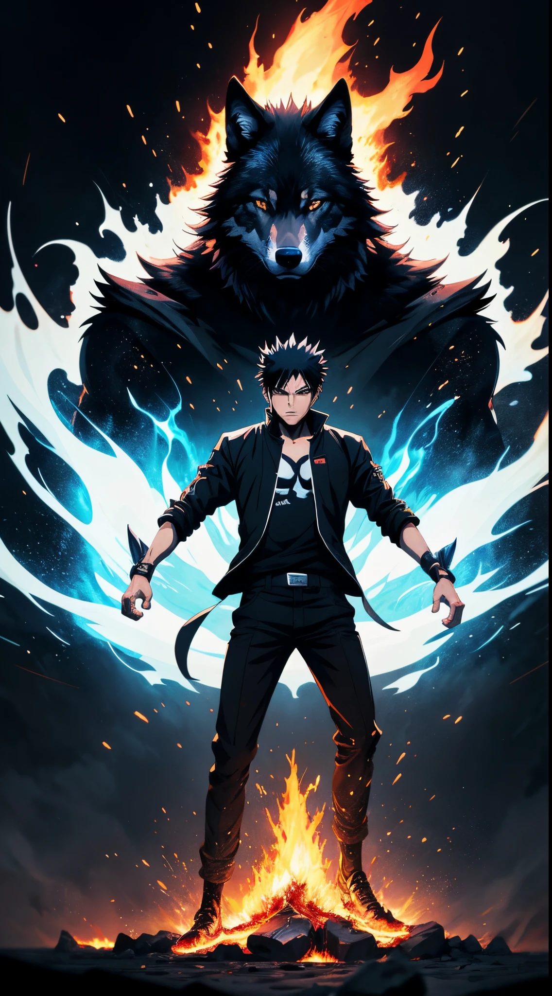Get ready for a visual feast with black humanoid wolf full-body portrait, his gentle relaxed face, handsome face, and piercing red eyes. wear t-shirt. In his transformed state, he radiates extreme instinct and power, creating an epic film about this energetic man. See how he manipulates fire and lava in stunning anime artwork that will blow your mind. This concept art comes straight from the Bleach Universe, with manga-style 8k wallpapers that will transport you to another dimension. Get ready to be amazed by this detailed work of digital anime art, representing the ultimate combination of style and power.