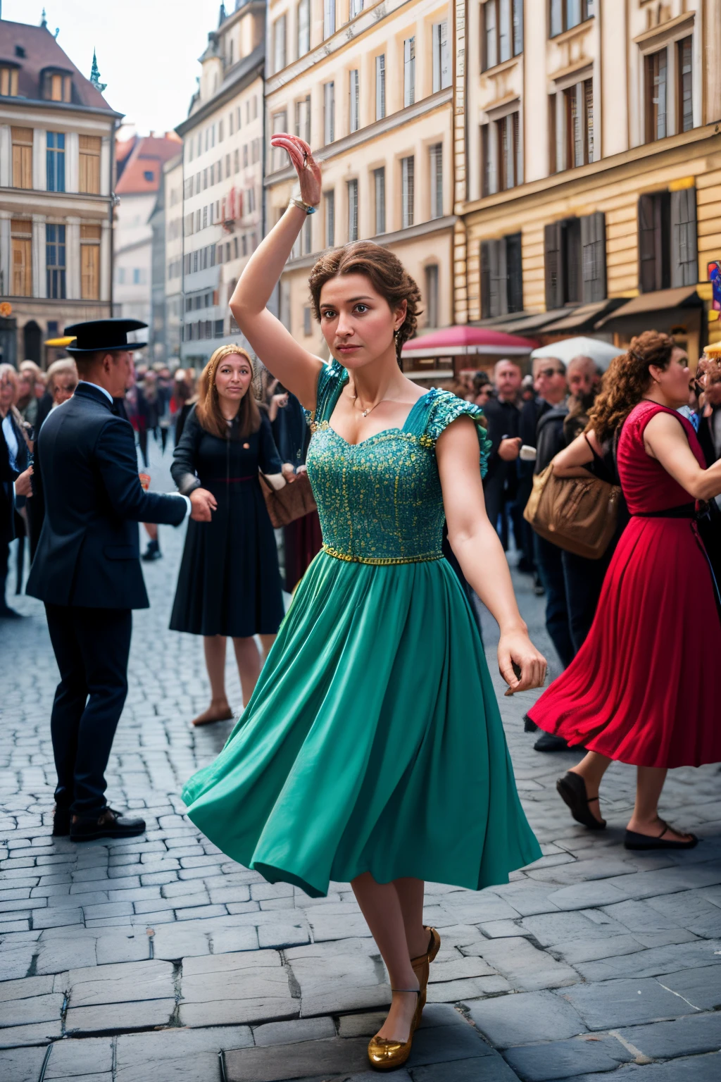 ultra detailed cinematic photograph,  Frau Trafaya women,  dancing , crowded square, in 1518,  Canon EOS 1Ds Mark III best settings