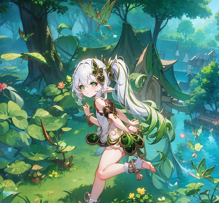 flat chest, 8 years old, nude, outside, pointy ears, hair ornament, white hair, green hairstreak, side ponytail, masterpiece, best quality
