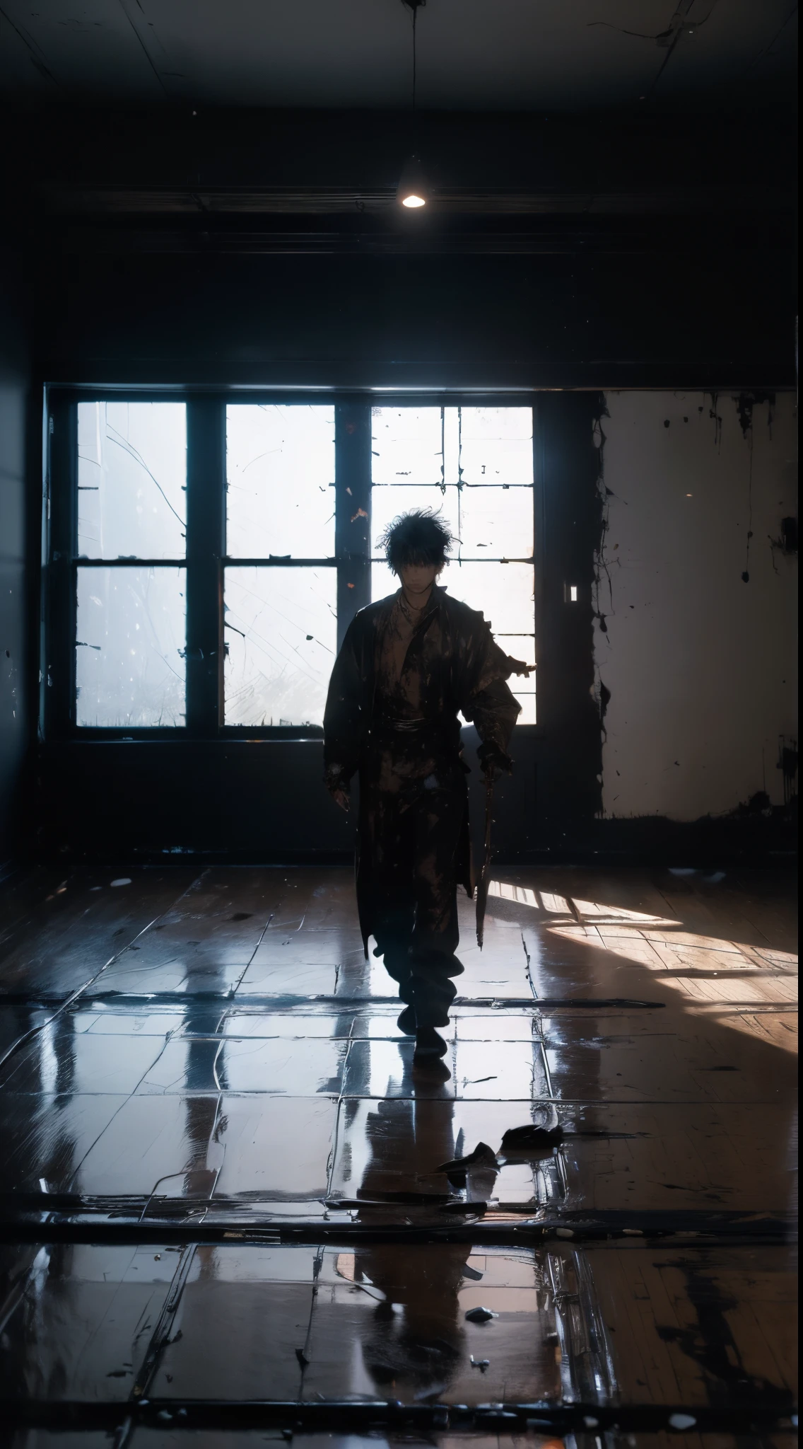 (a detailed painting,a dark scene,strong chiaroscuro:1.1)Takematsu, a strong and muscular man with fierce eyes and determined expression, gripping a bloody spear, standing in front of a dimly lit room with a lifeless body of his sister-in-law lying on the ground. The room is filled with shadows and the flickering light from a single candle, casting dramatic shadows on the walls and the floor. The atmosphere is tense and sinister. The painting exhibits ultra-detailed brushstrokes and a realistic rendering of the characters and their emotions. The colors are dark and muted, reflecting the somber mood of the scene.