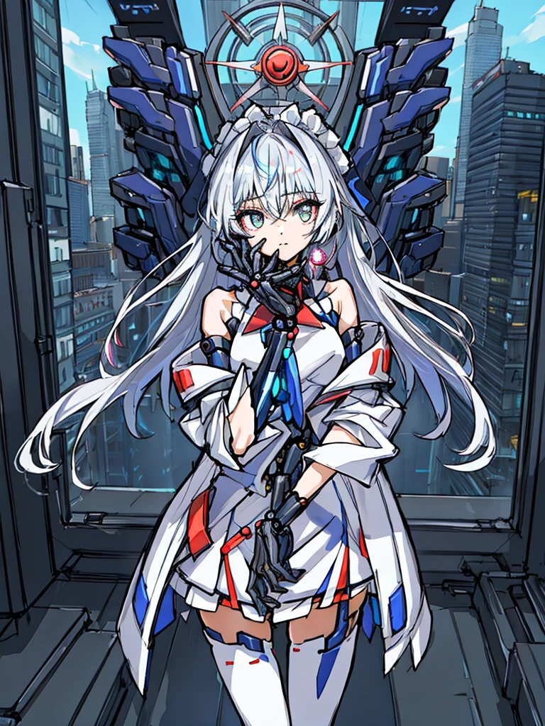 top-quality、ighly detailed、​masterpiece、ultra-detailliert、illustratio、((1girl in))、silber hair、length hair、Floating hair、、Cyber City、Neon building、(The upper part of the body:1.05)、extremely_Detailed_Eyes_And_Face,cybernetic wings mechanical wings、Random posture、Skyscraper、、Mechumusume、shrine maiden clothe,maid clothes、Random angles、anime styled,cowboy  shot