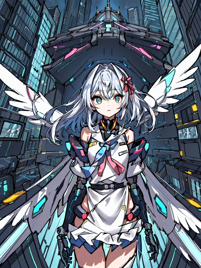 top-quality、ighly detailed、masterpiece、ultra-detailliert、illustratio、((1girl in))、silber hair、length hair、Floating hair、、Cyber City、Neon building、(The upper part of the body:1.05)、extremely_Detailed_Eyes_And_Face,cybernetic wings mechanical wings、Random posture、Skyscraper、、Mechumusume、shrine maiden clothe,maid clothes、Random angles、anime styled,cowboy shot