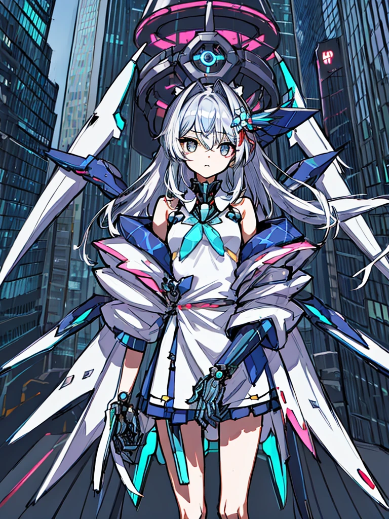 top-quality、ighly detailed、​masterpiece、ultra-detailliert、illustratio、((1girl in))、silber hair、length hair、Floating hair、、Cyber City、Neon building、(The upper part of the body:1.05)、extremely_Detailed_Eyes_And_Face,cybernetic wings mechanical wings、Random posture、Skyscraper、、Mechumusume、shrine maiden clothe,maid clothes、Random angles、anime styled,cowboy  shot