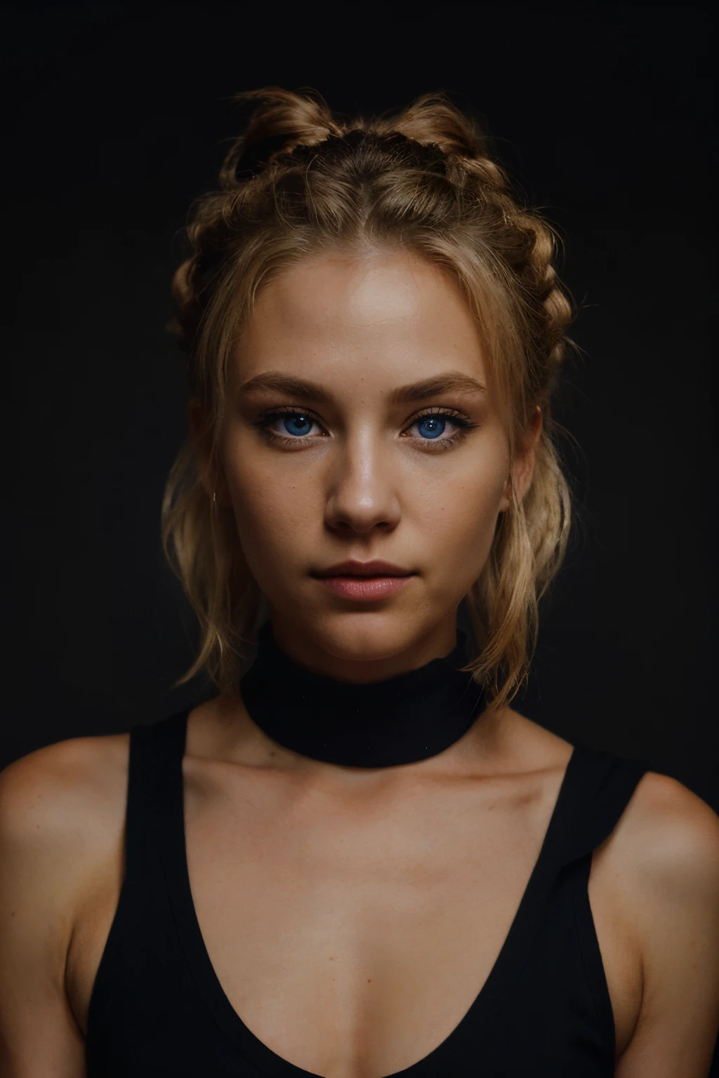 an eye contact of a blond with bun hair and dark theme, blue eyes, realistic face